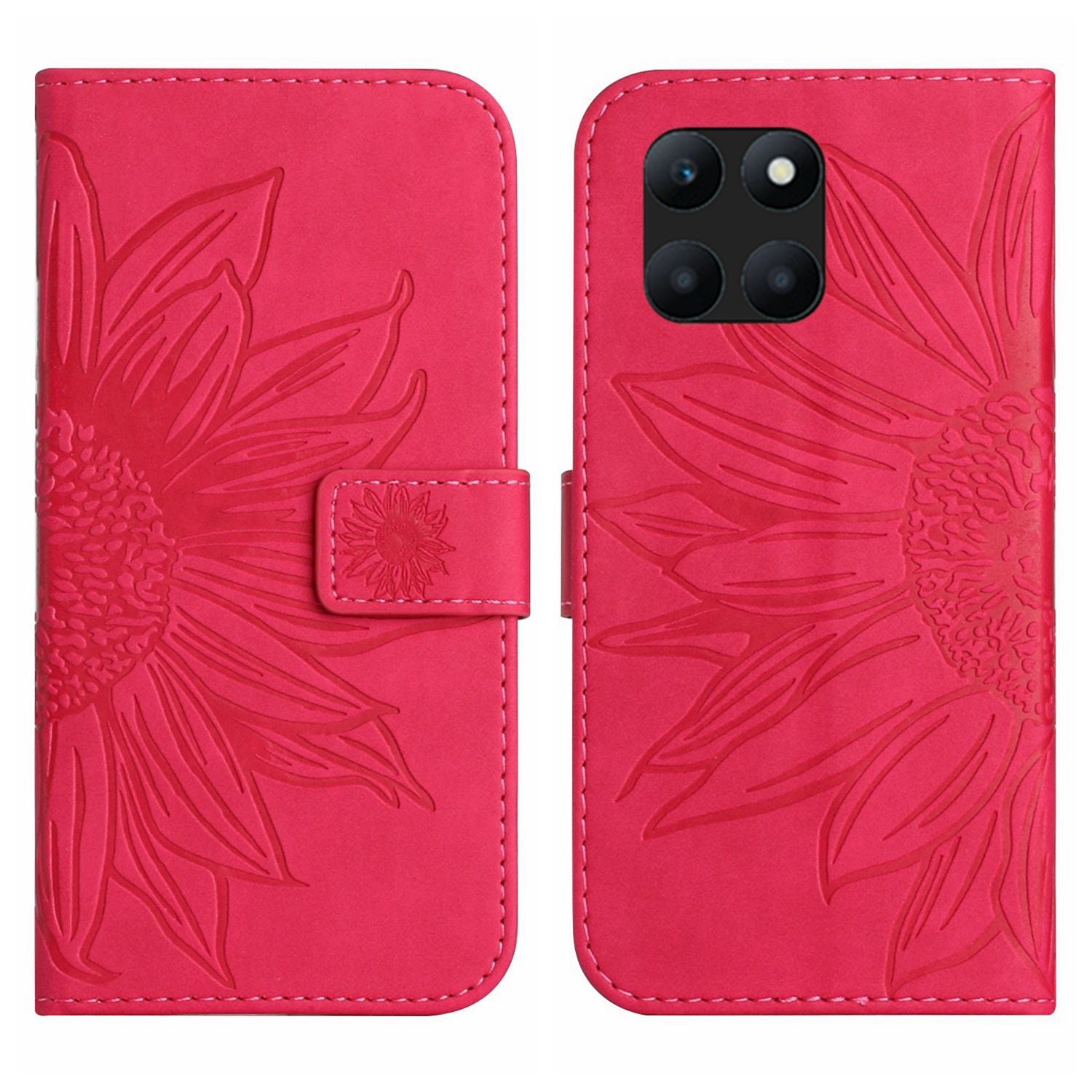 HT04 For Honor X8b 4G Magnetic Phone Case Sunflower Imprint PU Leather Wallet Cover - Red