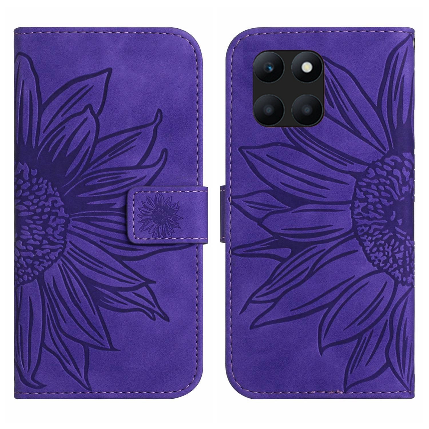 HT04 For Honor X8b 4G Magnetic Phone Case Sunflower Imprint PU Leather Wallet Cover - Red