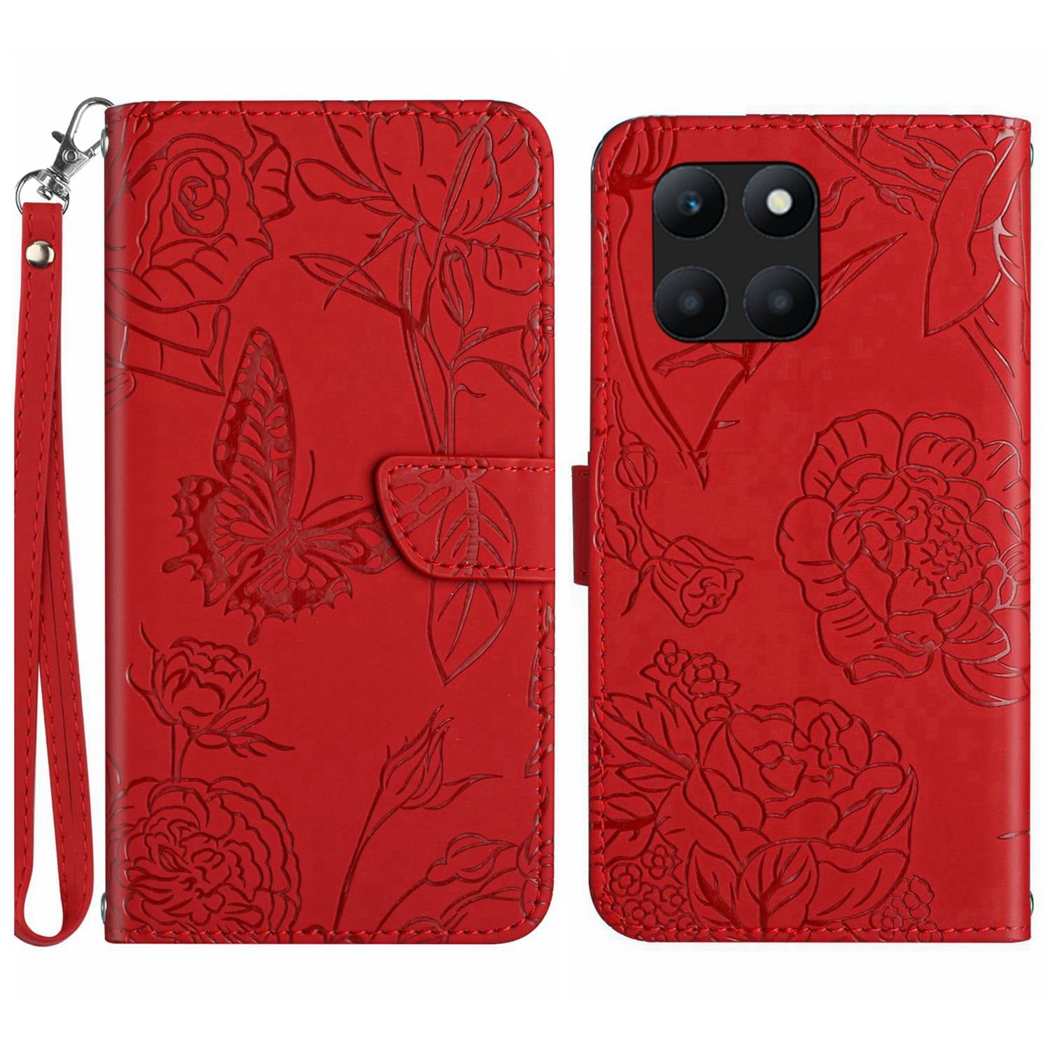 HT03 For Honor X8b 4G Wallet Case Leather Skin-touch Phone Cover with Hand Strap - Red