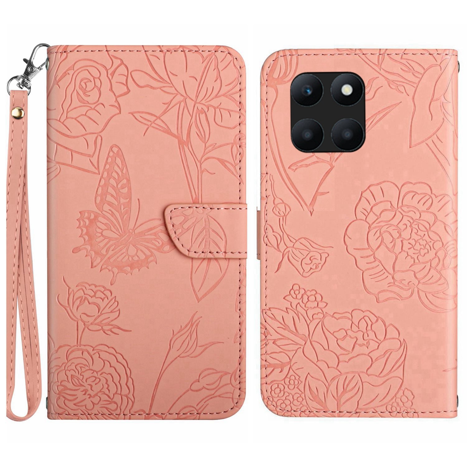 HT03 For Honor X8b 4G Wallet Case Leather Skin-touch Phone Cover with Hand Strap - Red