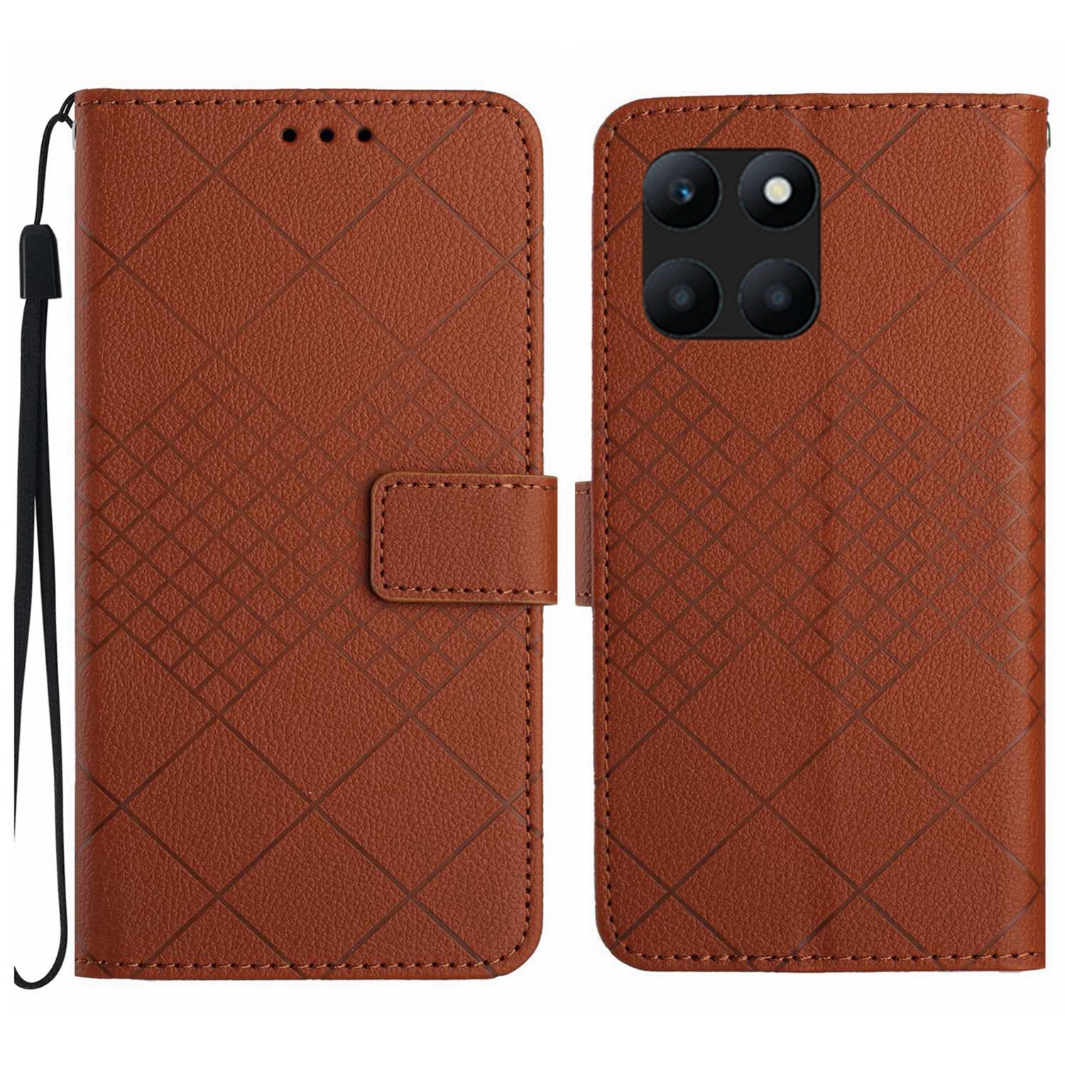 HT06 For Honor X8b 4G Case Leather Imprinted Rhombus Card Slots Phone Cover - Brown