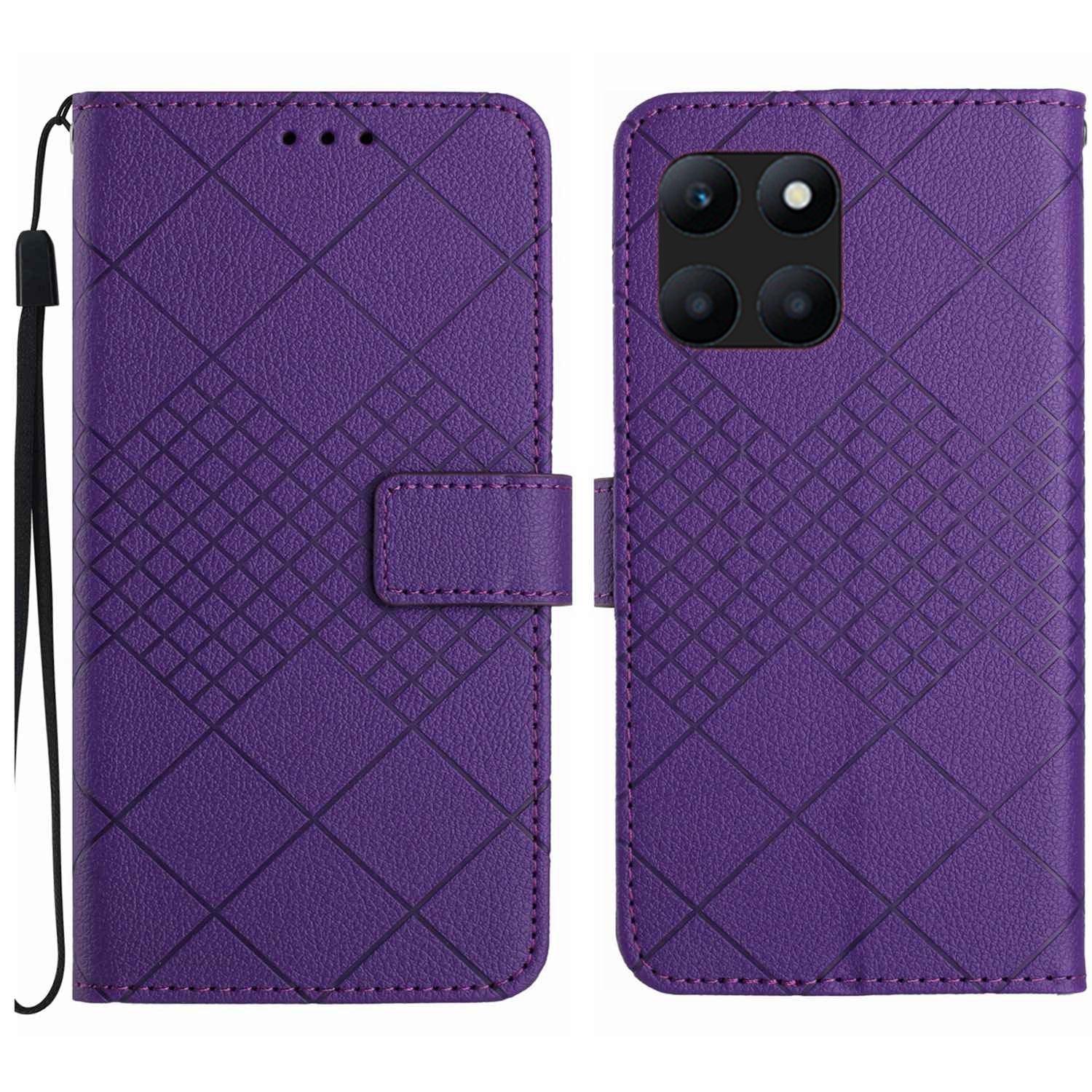HT06 For Honor X8b 4G Case Leather Imprinted Rhombus Card Slots Phone Cover - Brown