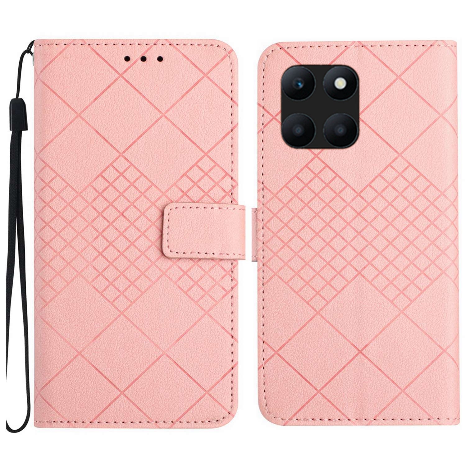 HT06 For Honor X8b 4G Case Leather Imprinted Rhombus Card Slots Phone Cover - Brown