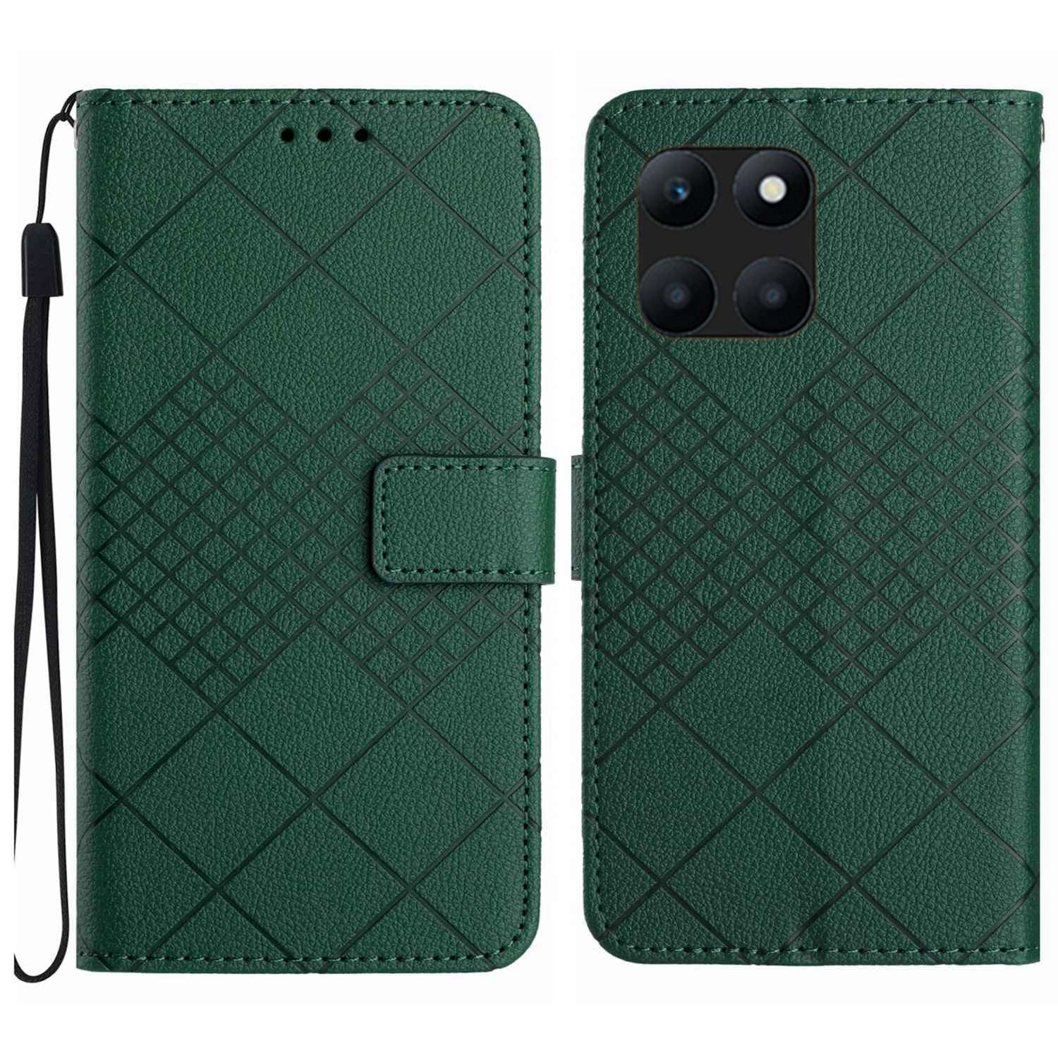 HT06 For Honor X8b 4G Case Leather Imprinted Rhombus Card Slots Phone Cover - Brown
