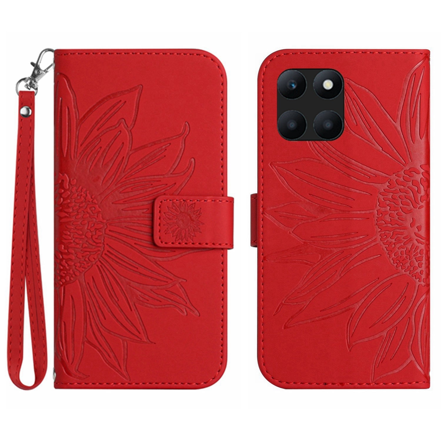 HT04 For Honor X8b 4G PU Leather Phone Case Wrist Strap Sunflower Pattern Cover - Light Pink