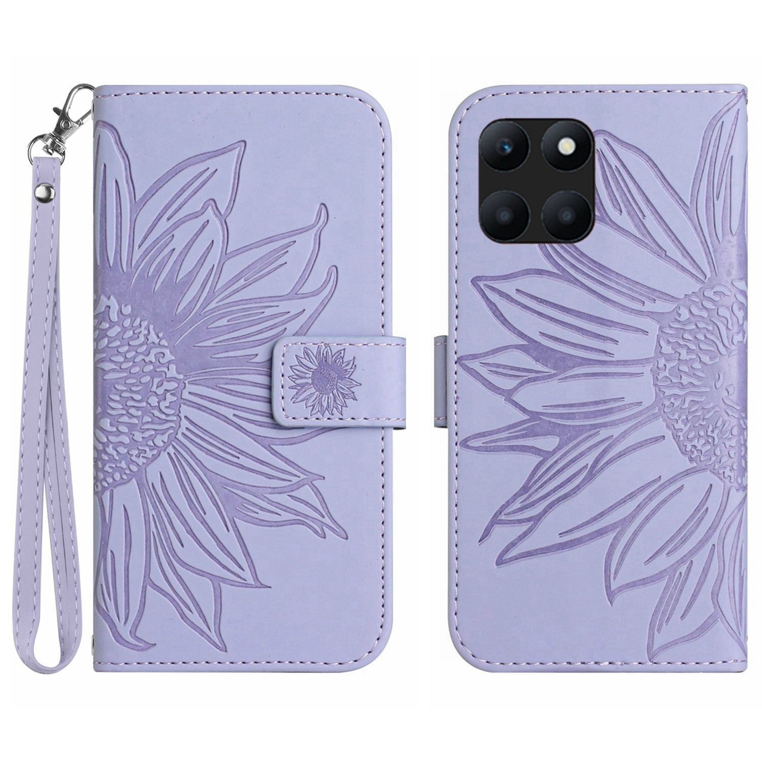 HT04 For Honor X8b 4G PU Leather Phone Case Wrist Strap Sunflower Pattern Cover - Light Pink