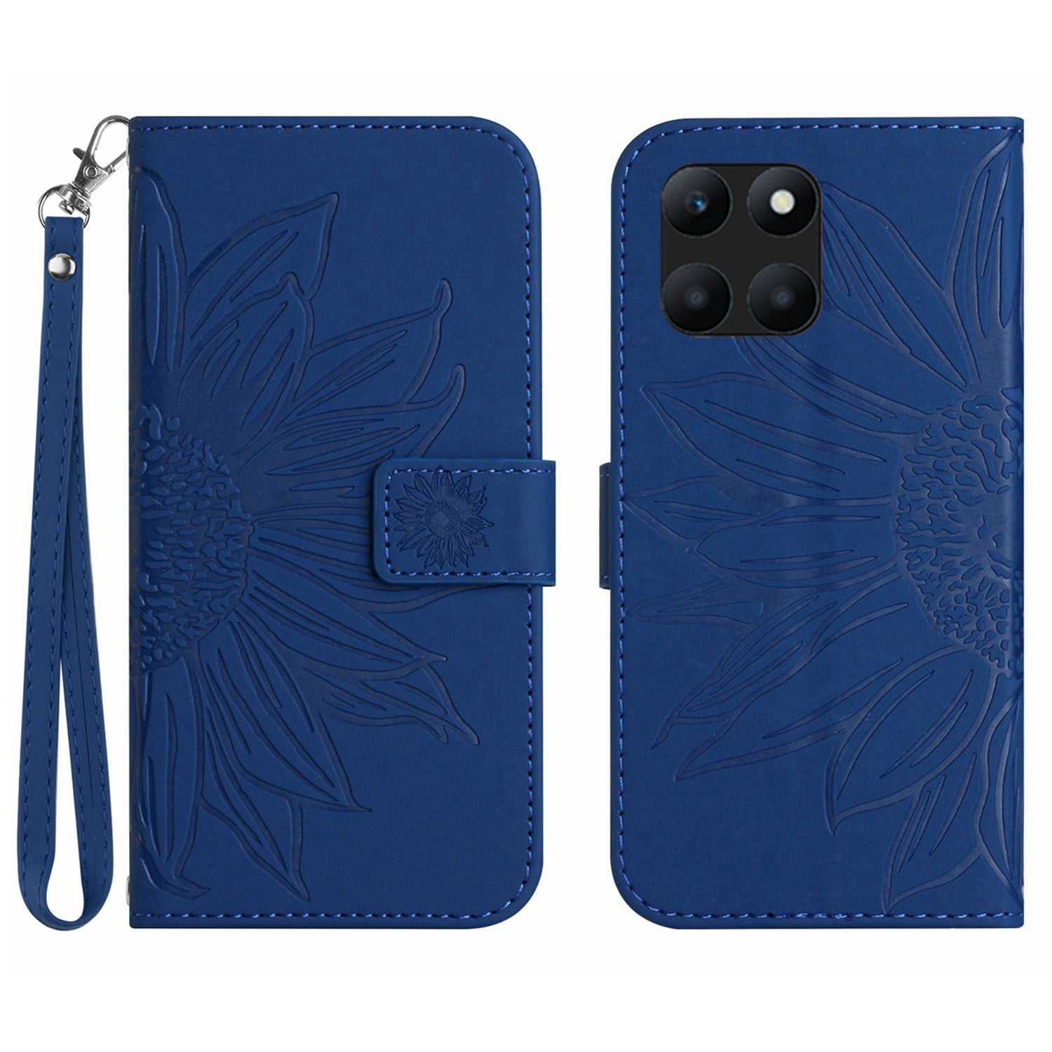 HT04 For Honor X8b 4G PU Leather Phone Case Wrist Strap Sunflower Pattern Cover - Light Pink