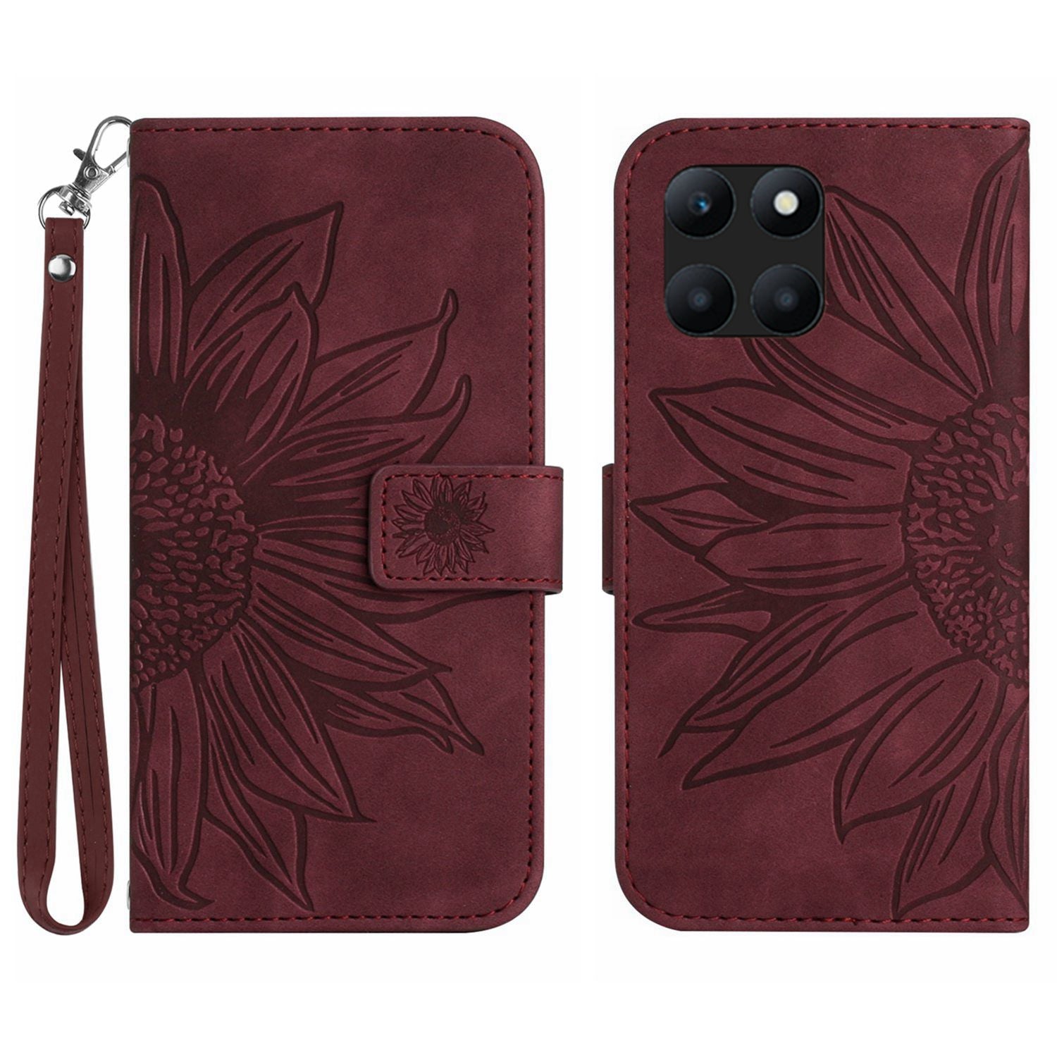HT04 For Honor X8b 4G PU Leather Phone Case Wrist Strap Sunflower Pattern Cover - Light Pink
