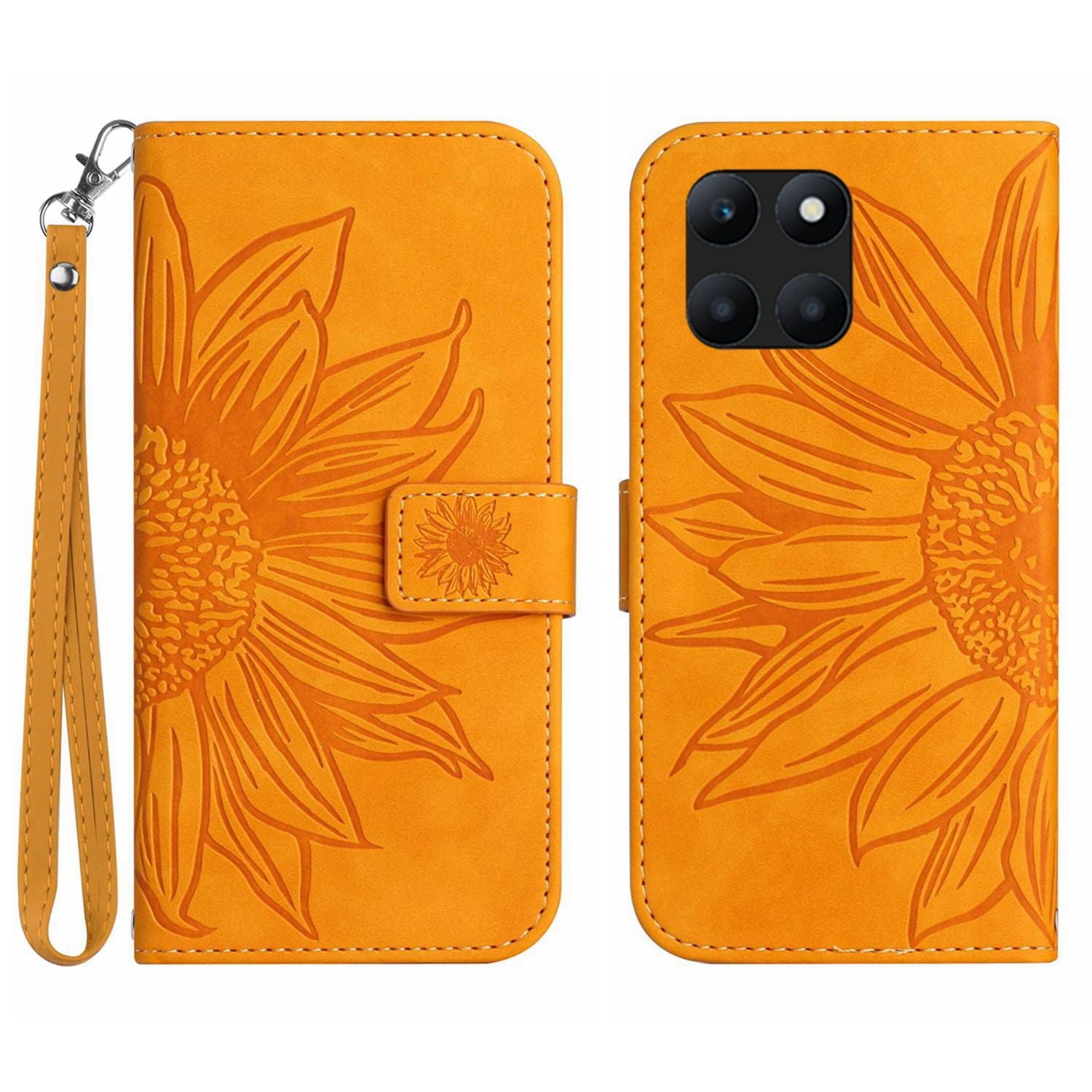 HT04 For Honor X8b 4G PU Leather Phone Case Wrist Strap Sunflower Pattern Cover - Light Pink