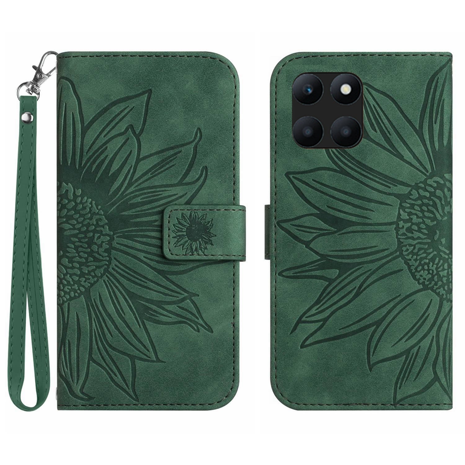 HT04 For Honor X8b 4G PU Leather Phone Case Wrist Strap Sunflower Pattern Cover - Light Pink