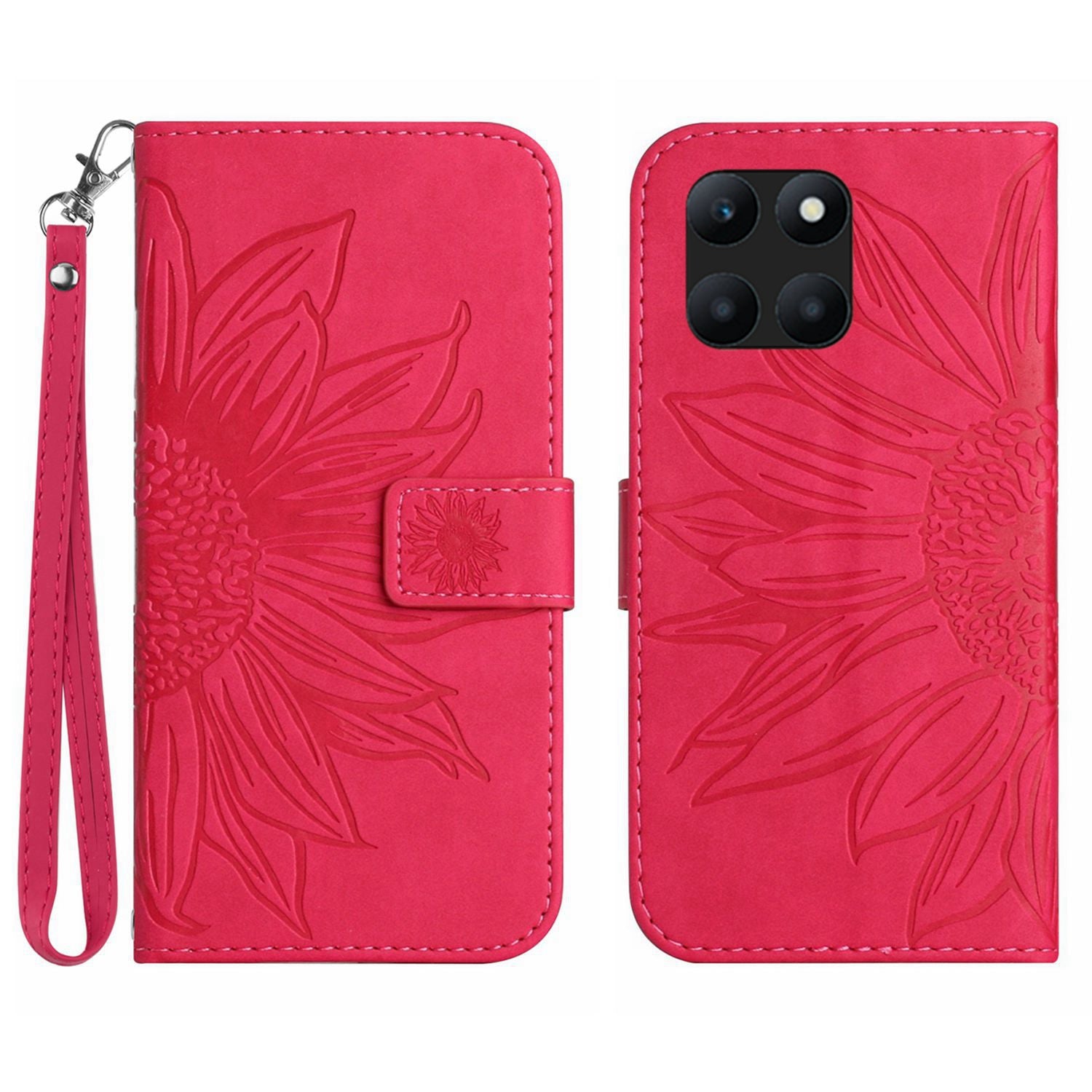 HT04 For Honor X8b 4G PU Leather Phone Case Wrist Strap Sunflower Pattern Cover - Light Pink
