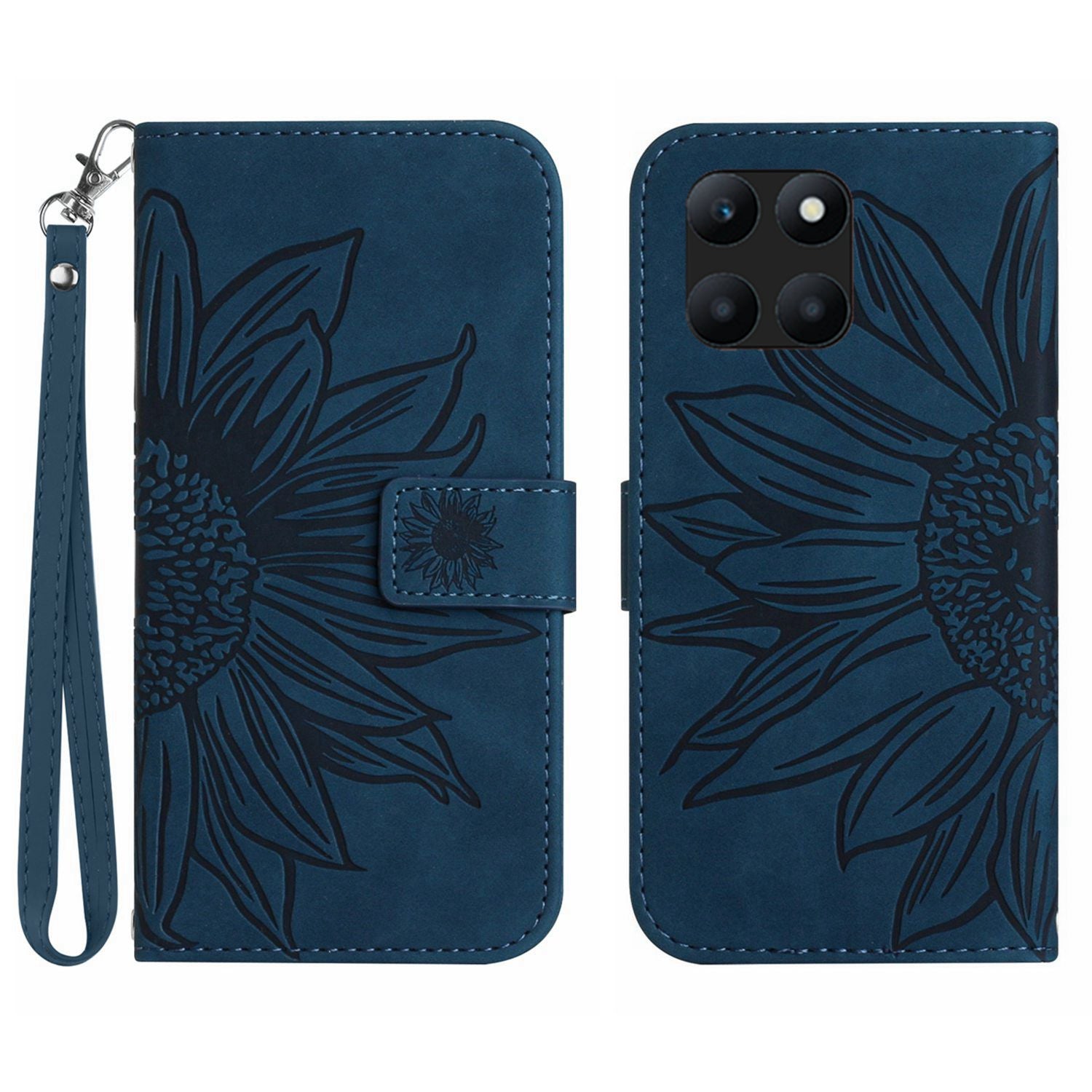 HT04 For Honor X8b 4G PU Leather Phone Case Wrist Strap Sunflower Pattern Cover - Light Pink