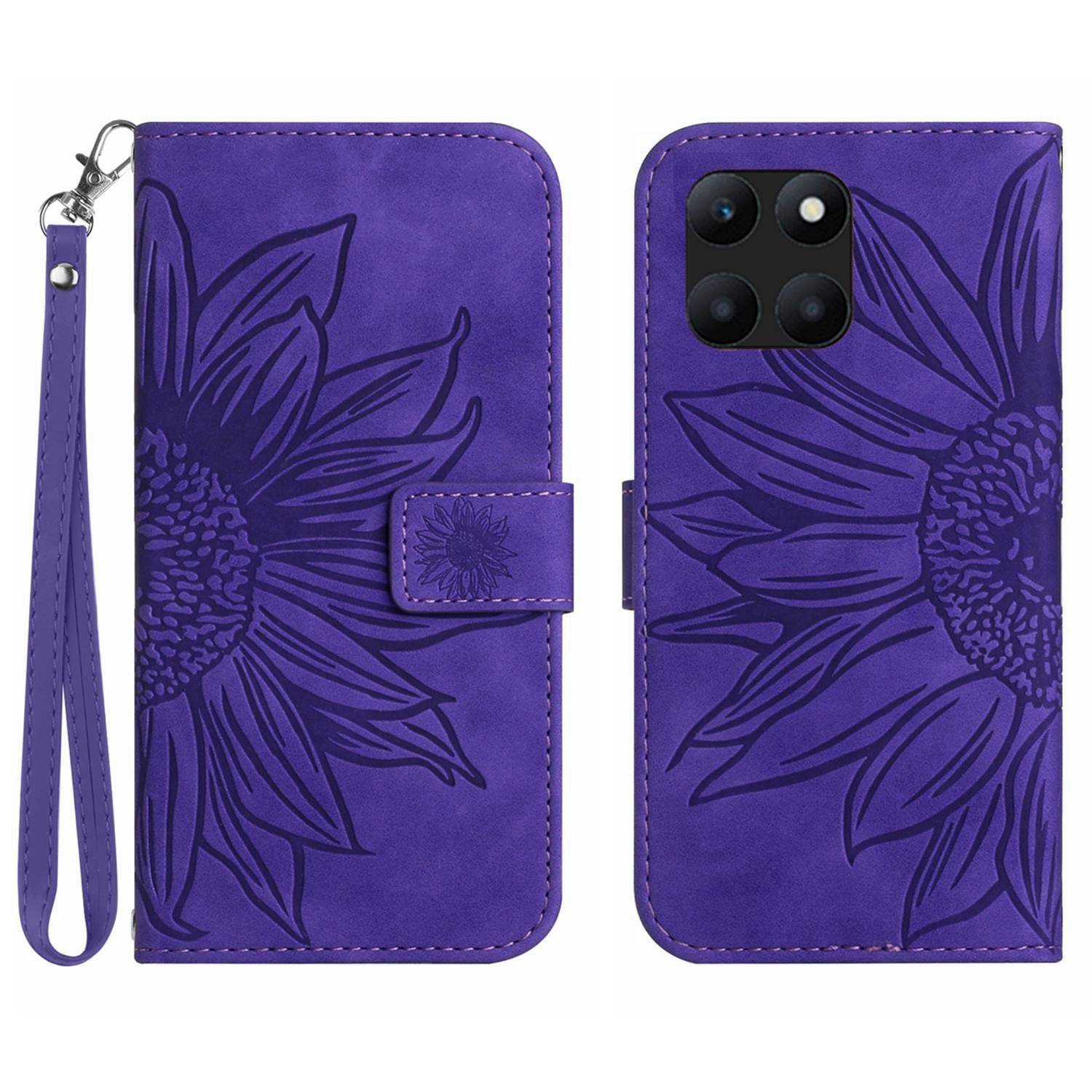 HT04 For Honor X8b 4G PU Leather Phone Case Wrist Strap Sunflower Pattern Cover - Light Pink