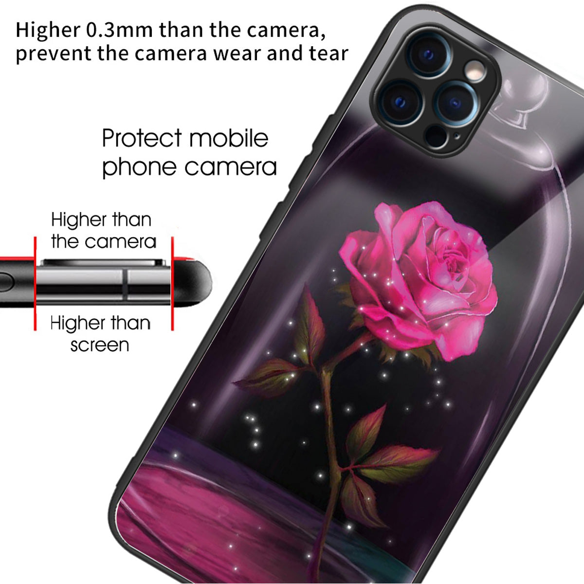 For iPhone 15 Pro Max Pattern Printing Case Anti-Scratch Tempered Glass Phone Cover - Rose