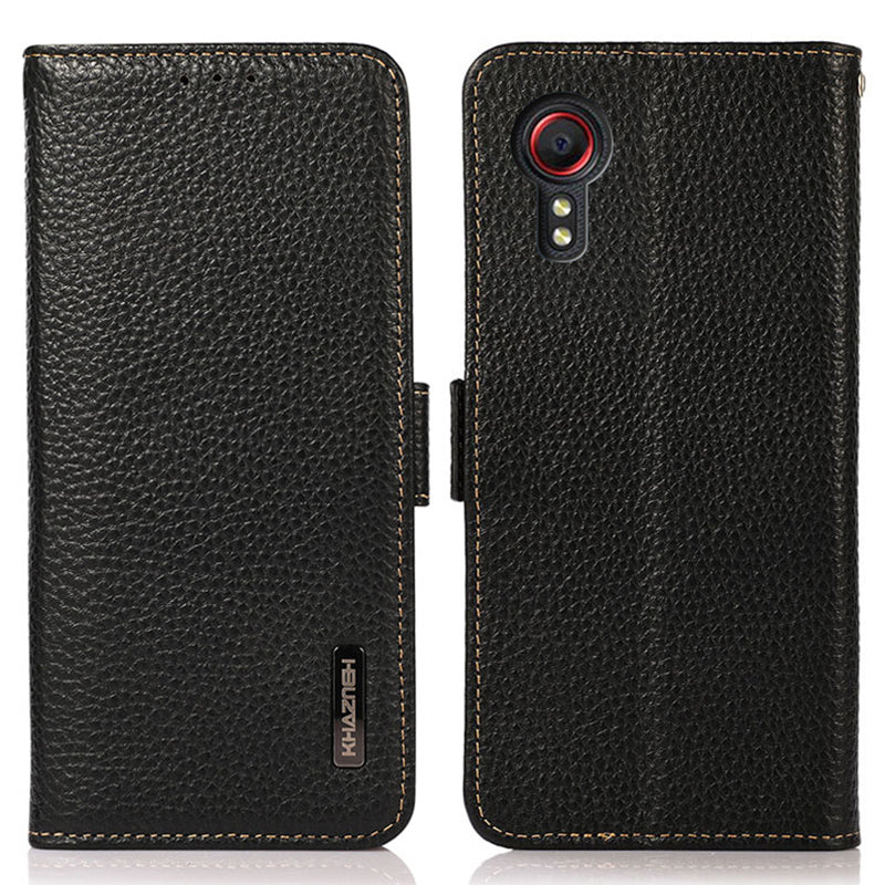 KHAZNEH For Samsung Galaxy Xcover7 Wallet Case Genuine Cow Leather Phone Cover with RFID Blocking - Black