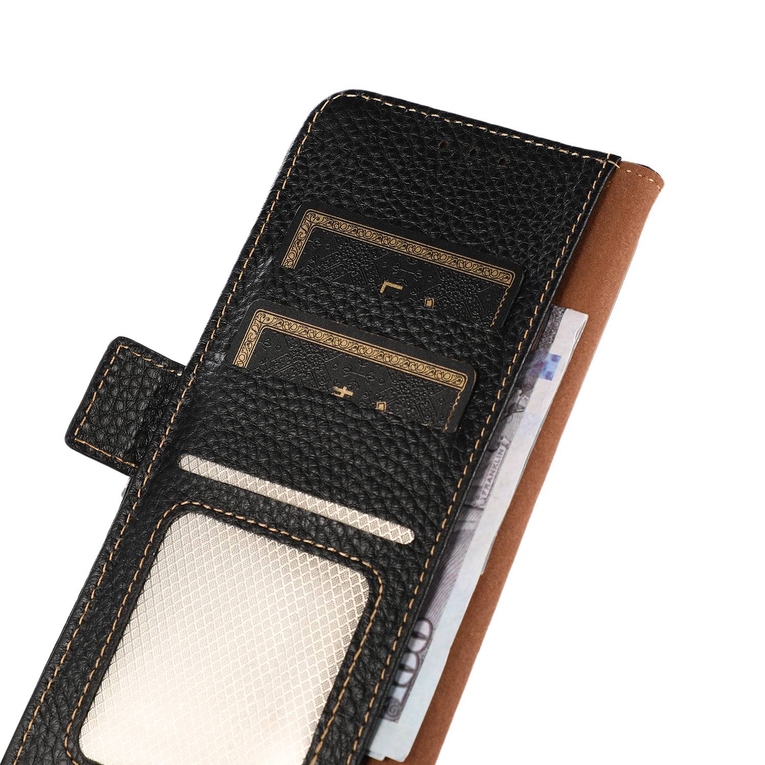 KHAZNEH For Samsung Galaxy Xcover7 Wallet Case Genuine Cow Leather Phone Cover with RFID Blocking - Black