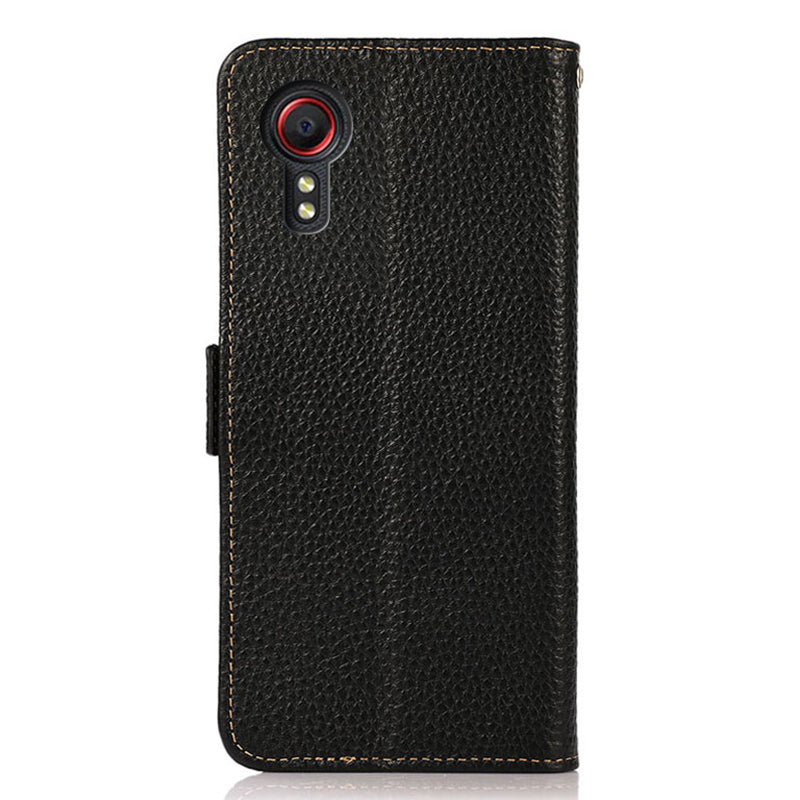 KHAZNEH For Samsung Galaxy Xcover7 Wallet Case Genuine Cow Leather Phone Cover with RFID Blocking - Black
