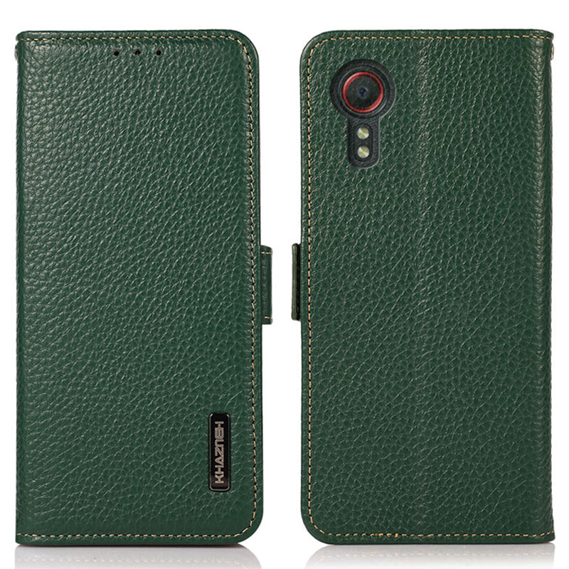 KHAZNEH For Samsung Galaxy Xcover7 Wallet Case Genuine Cow Leather Phone Cover with RFID Blocking - Black