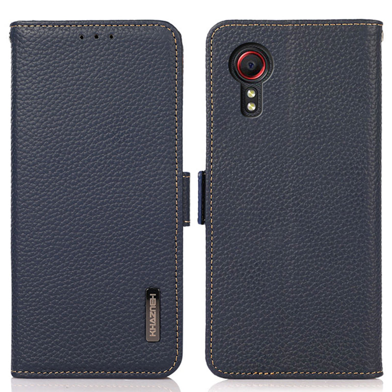 KHAZNEH For Samsung Galaxy Xcover7 Wallet Case Genuine Cow Leather Phone Cover with RFID Blocking - Black