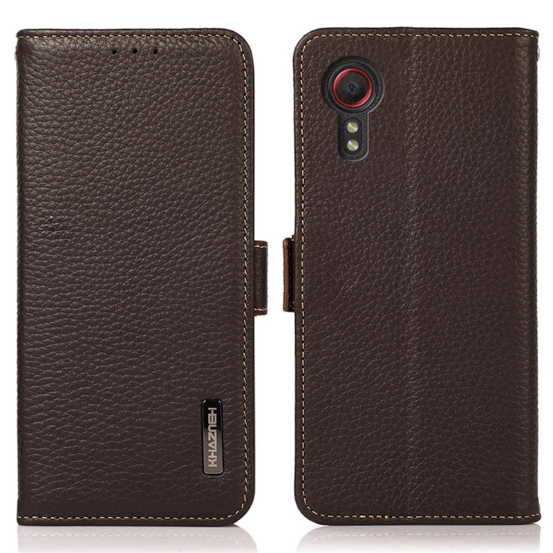 KHAZNEH For Samsung Galaxy Xcover7 Wallet Case Genuine Cow Leather Phone Cover with RFID Blocking - Black