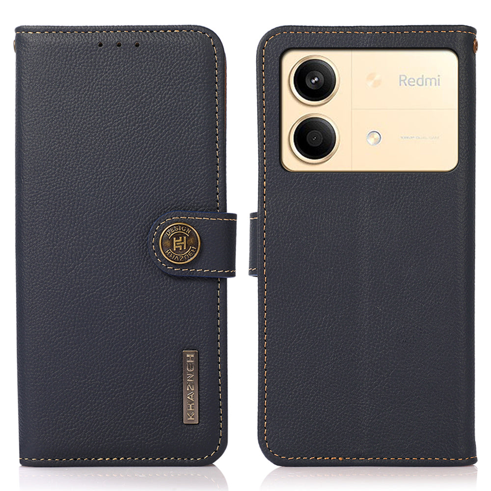 KHAZNEH For Xiaomi Redmi Note 13R Pro 5G Genuine Cow Leather Phone Case RFID Blocking Card Slots Cover - Black