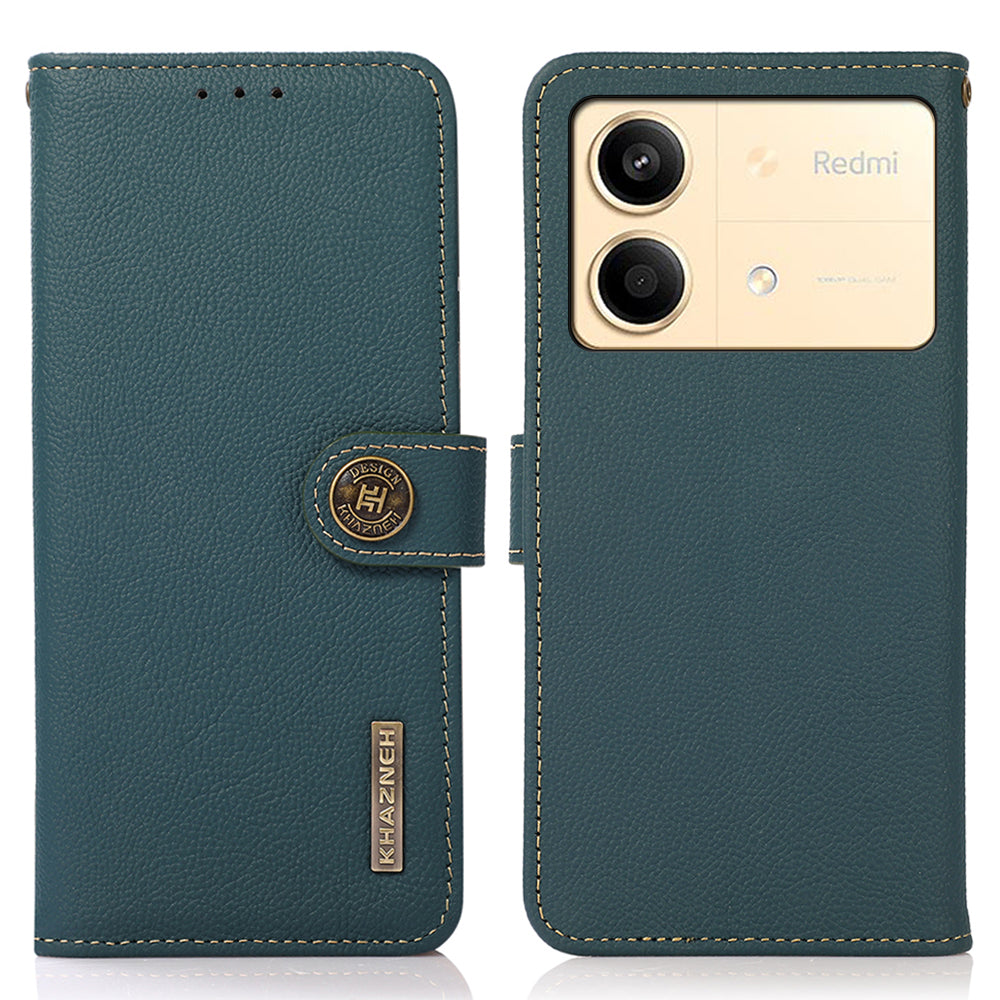 KHAZNEH For Xiaomi Redmi Note 13R Pro 5G Genuine Cow Leather Phone Case RFID Blocking Card Slots Cover - Black