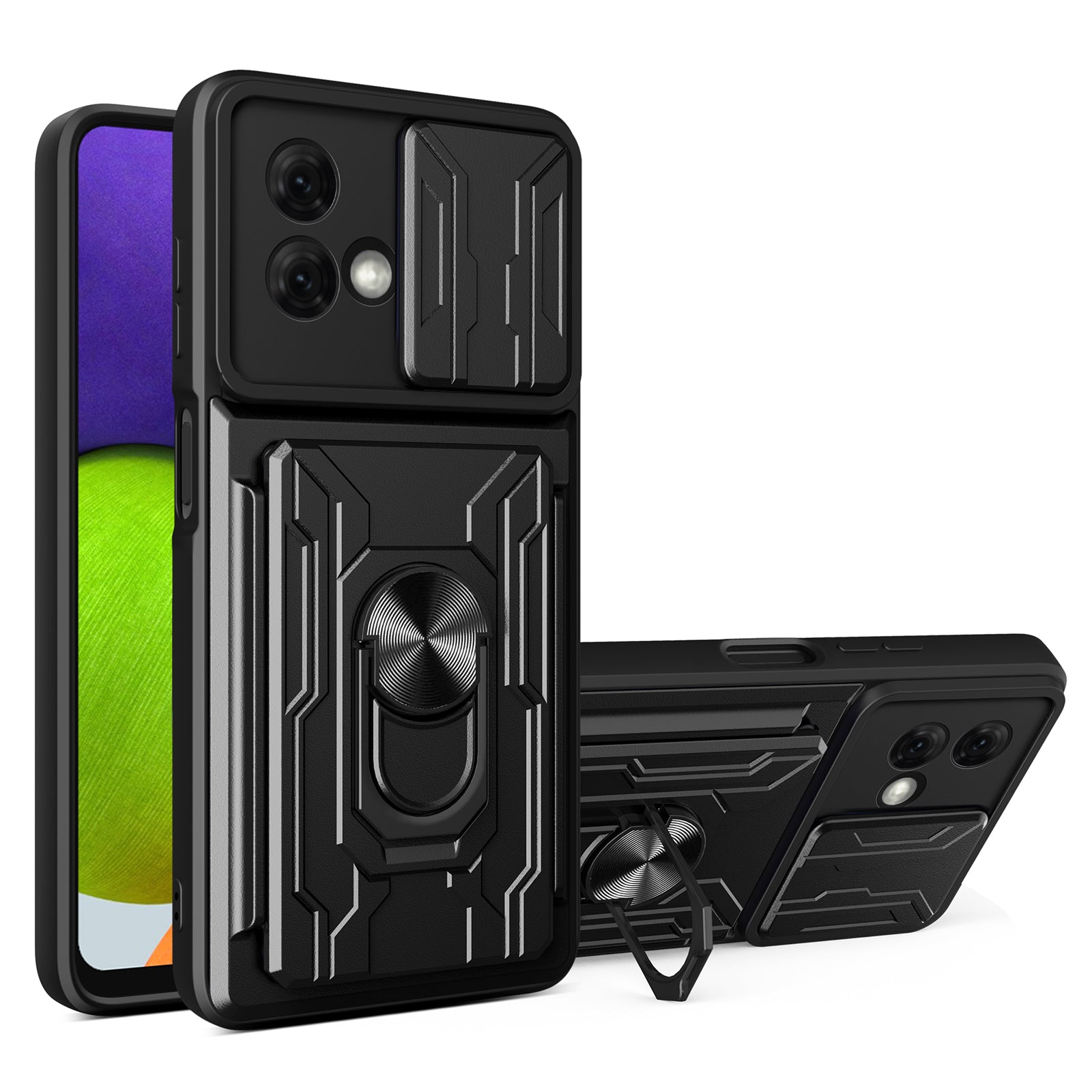 For Motorola Moto G84 5G Case PC+TPU Card Holder Kickstand Phone Cover - Black