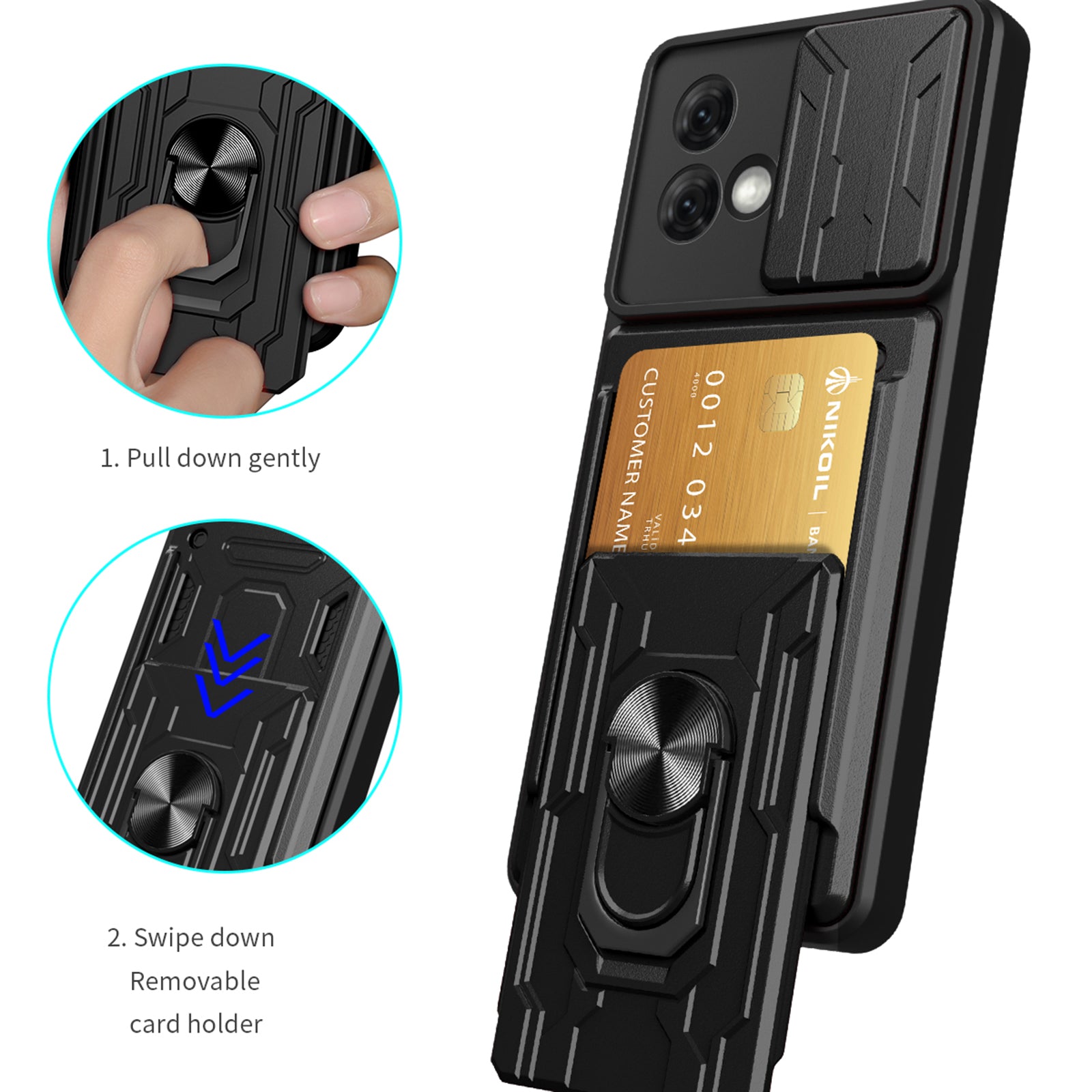 For Motorola Moto G84 5G Case PC+TPU Card Holder Kickstand Phone Cover - Black