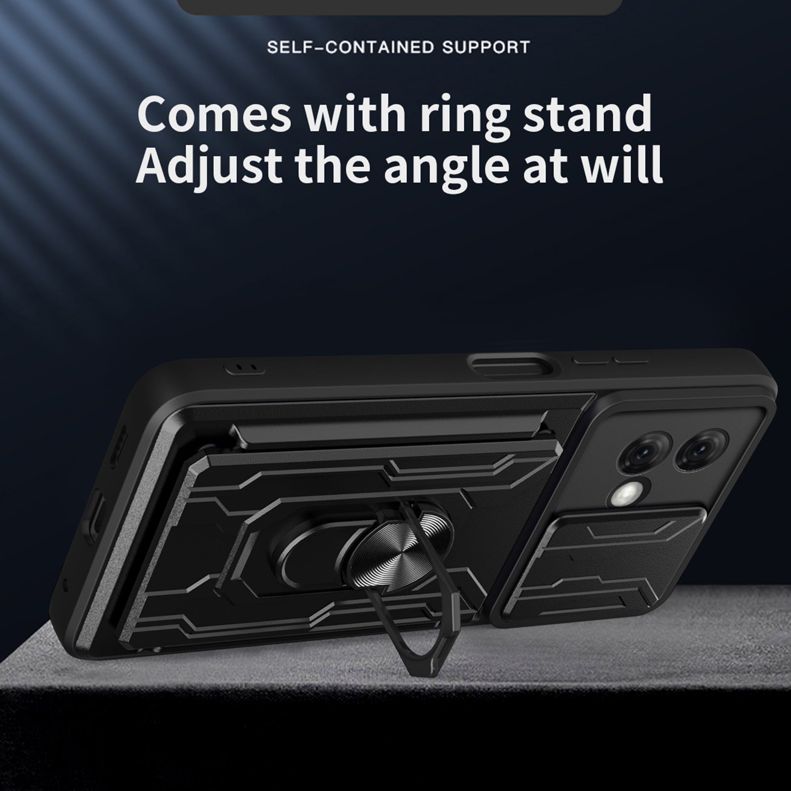 For Motorola Moto G84 5G Case PC+TPU Card Holder Kickstand Phone Cover - Black