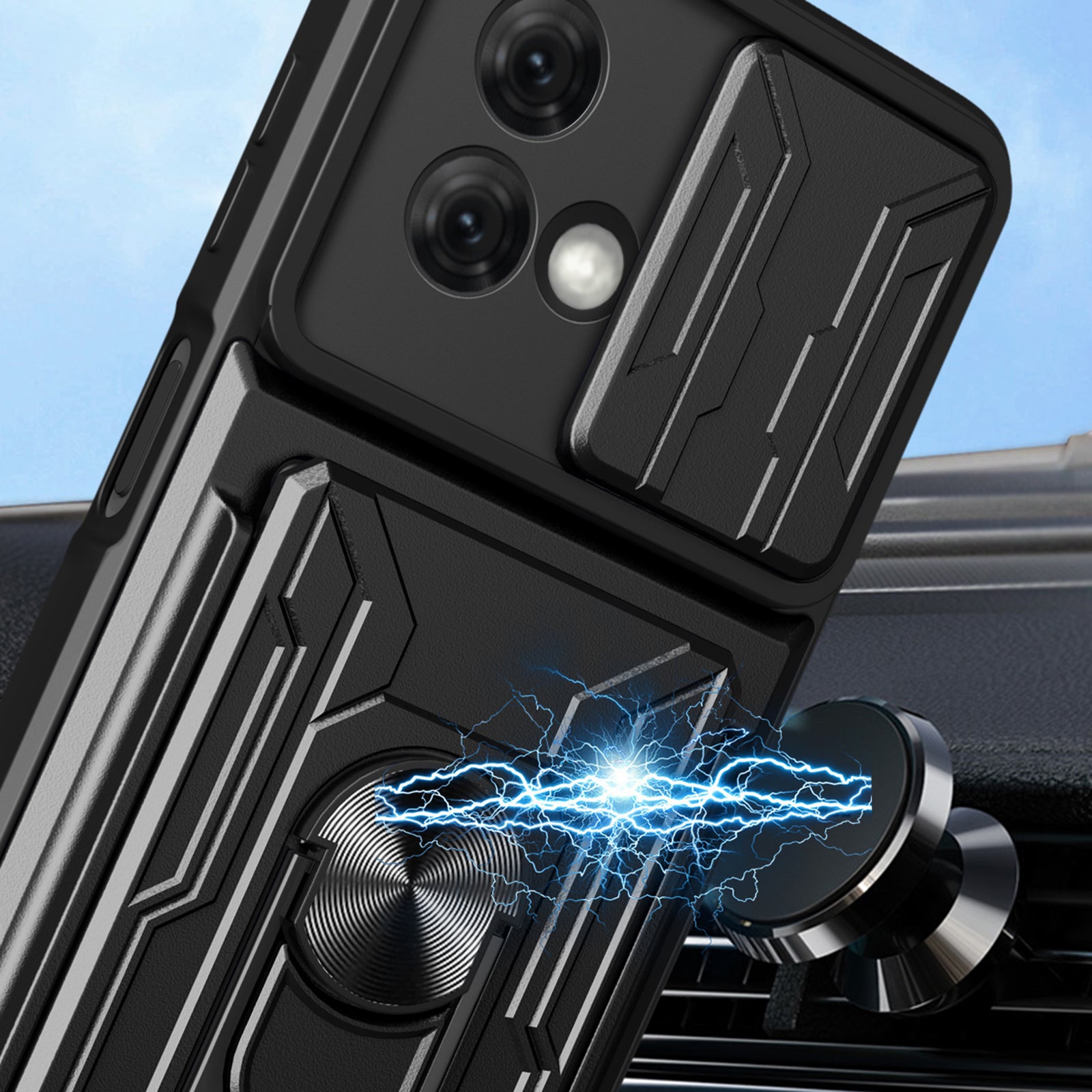 For Motorola Moto G84 5G Case PC+TPU Card Holder Kickstand Phone Cover - Black