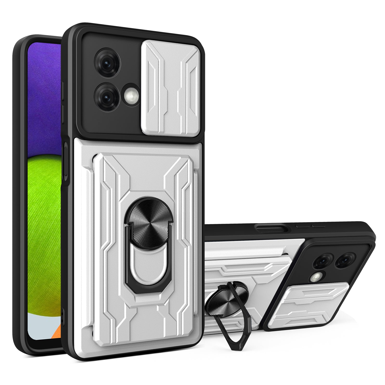 For Motorola Moto G84 5G Case PC+TPU Card Holder Kickstand Phone Cover - Black