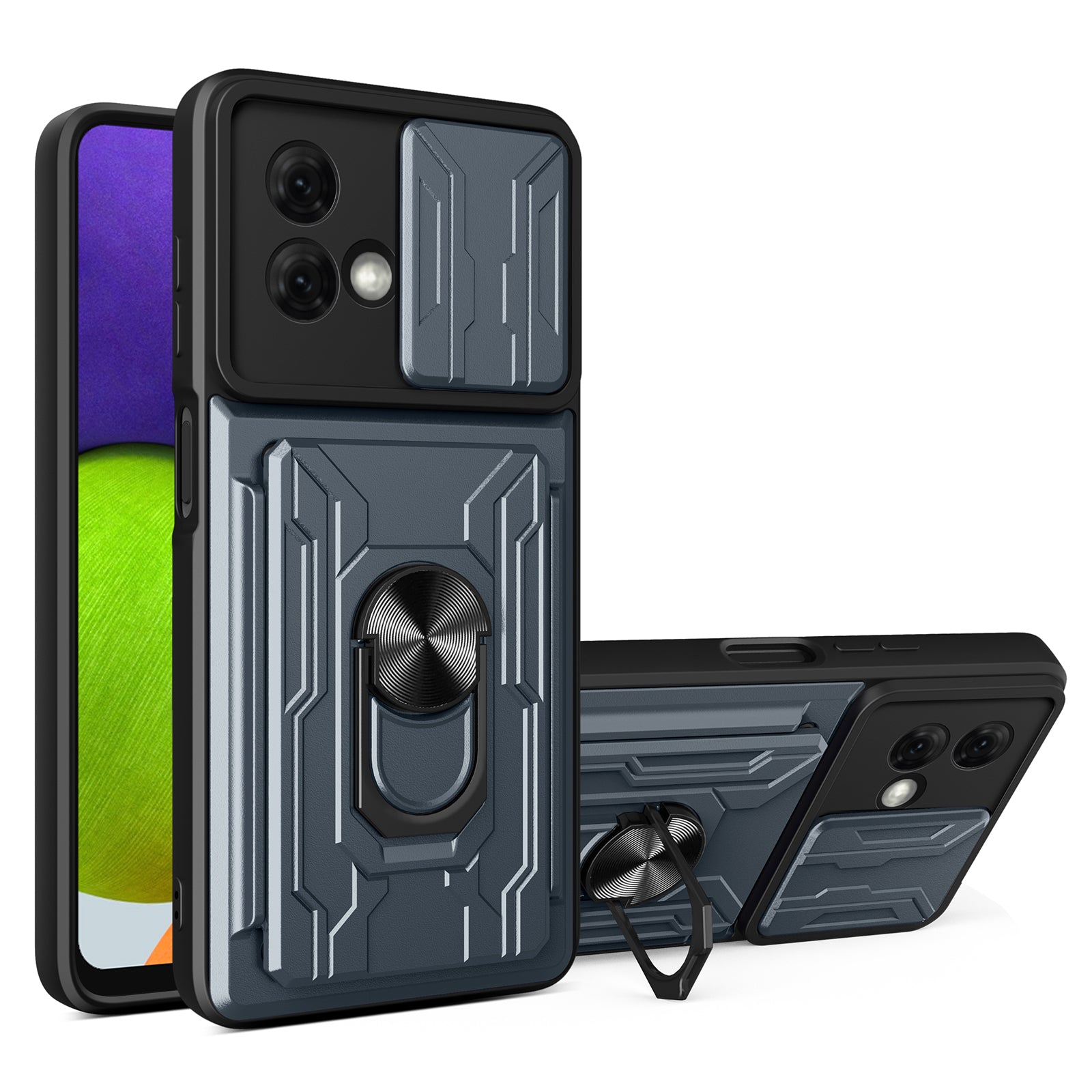 For Motorola Moto G84 5G Case PC+TPU Card Holder Kickstand Phone Cover - Black