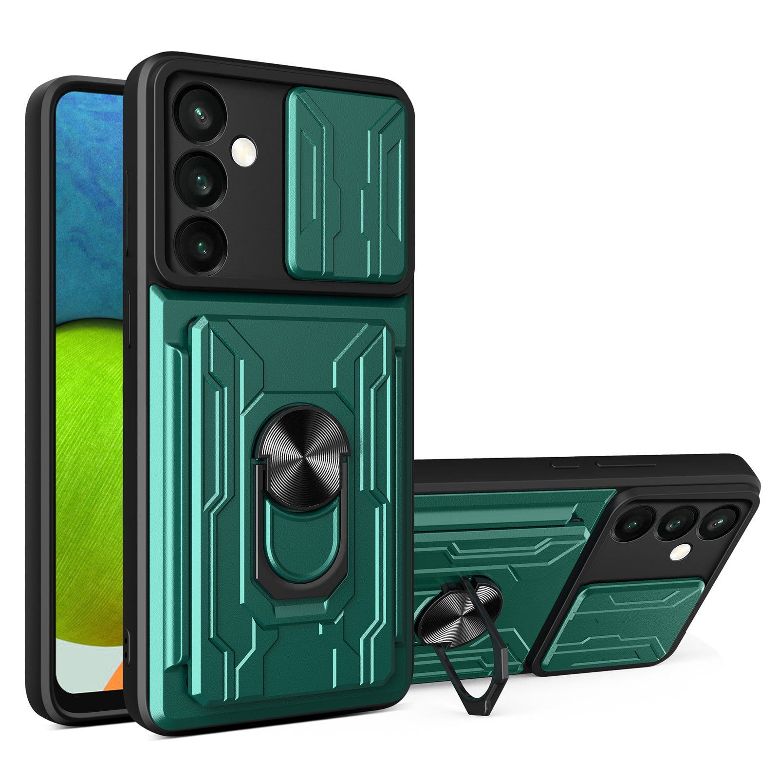 For Samsung Galaxy S23 FE Cell Phone Case PC+TPU Slide Lens Protection Cover - Blackish Green