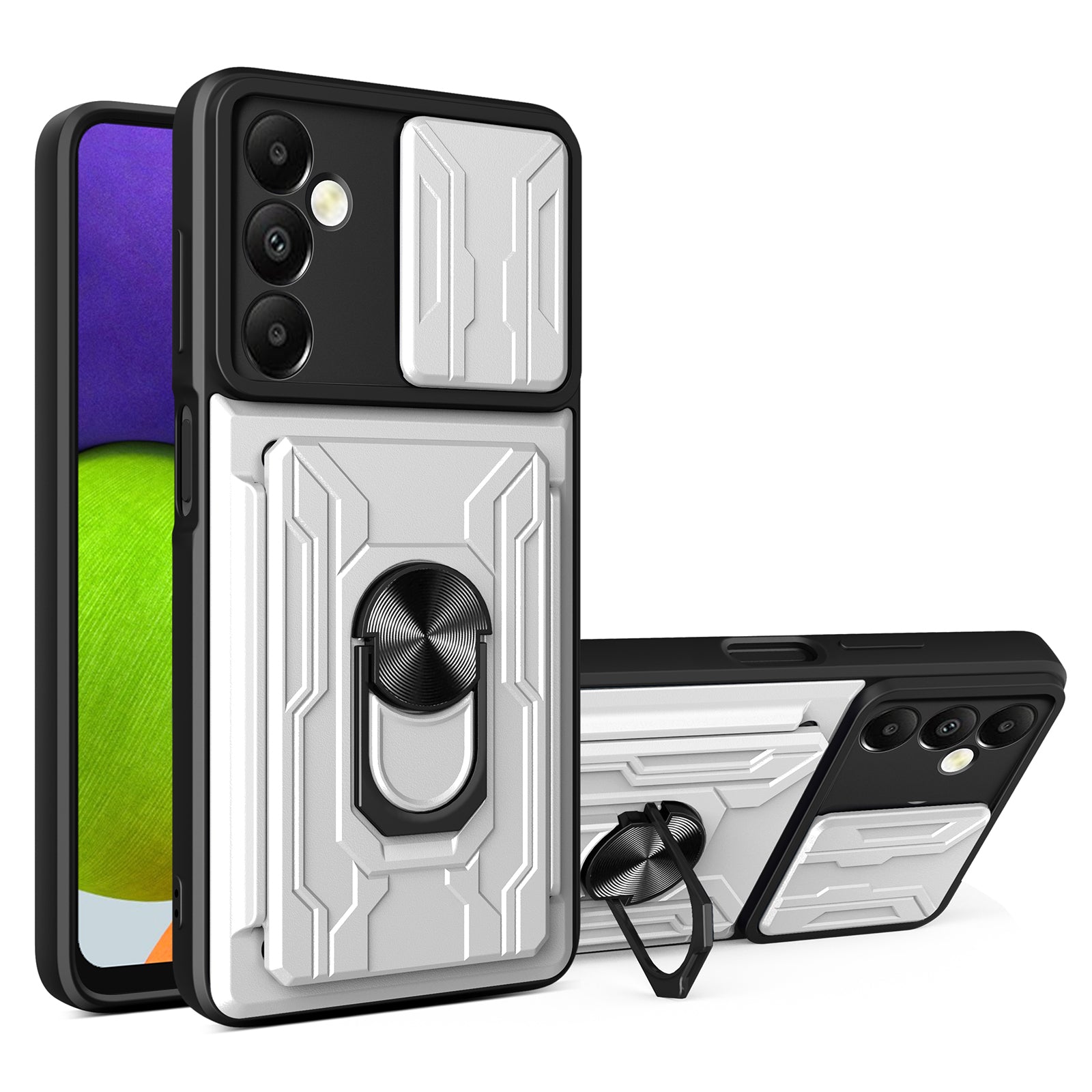 For Samsung Galaxy A05s 4G Case PC+TPU Card Holder Kickstand Phone Back Cover - White