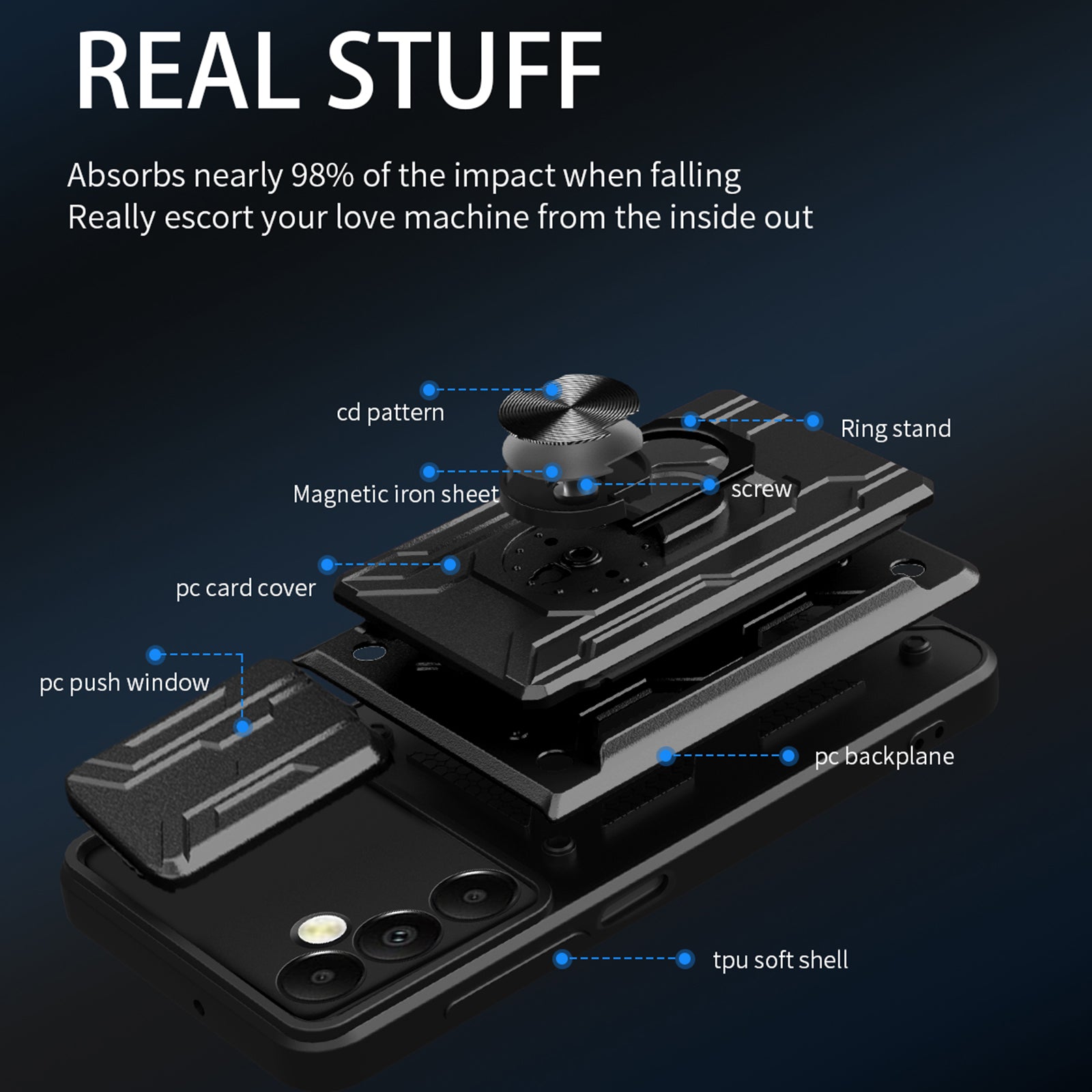 For Samsung Galaxy A05s 4G Case PC+TPU Card Holder Kickstand Phone Back Cover - White