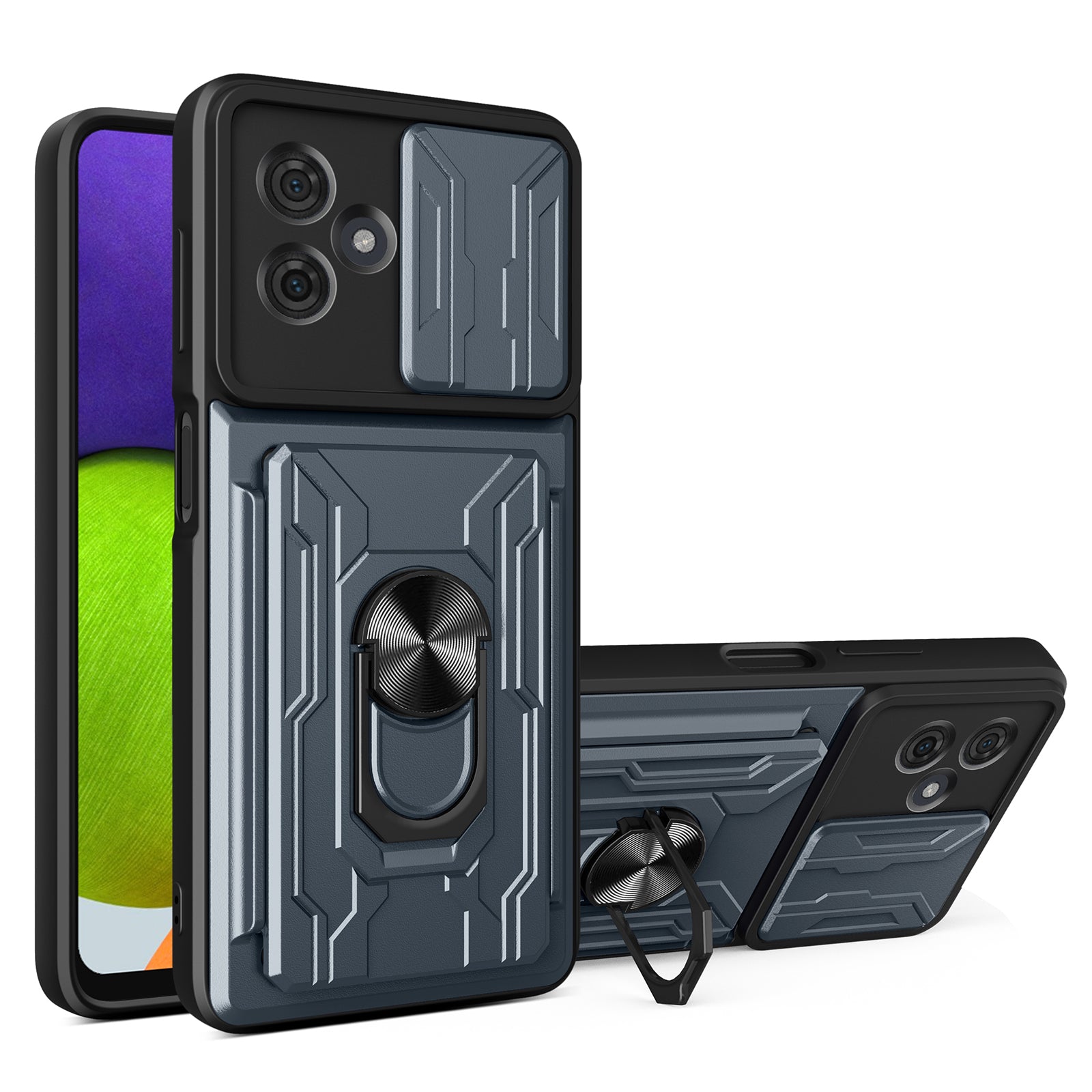 For Motorola Moto G54 5G PC+TPU Case Slim-Fit Slide Lens Protection Kickstand Phone Shell - Titanium Grey