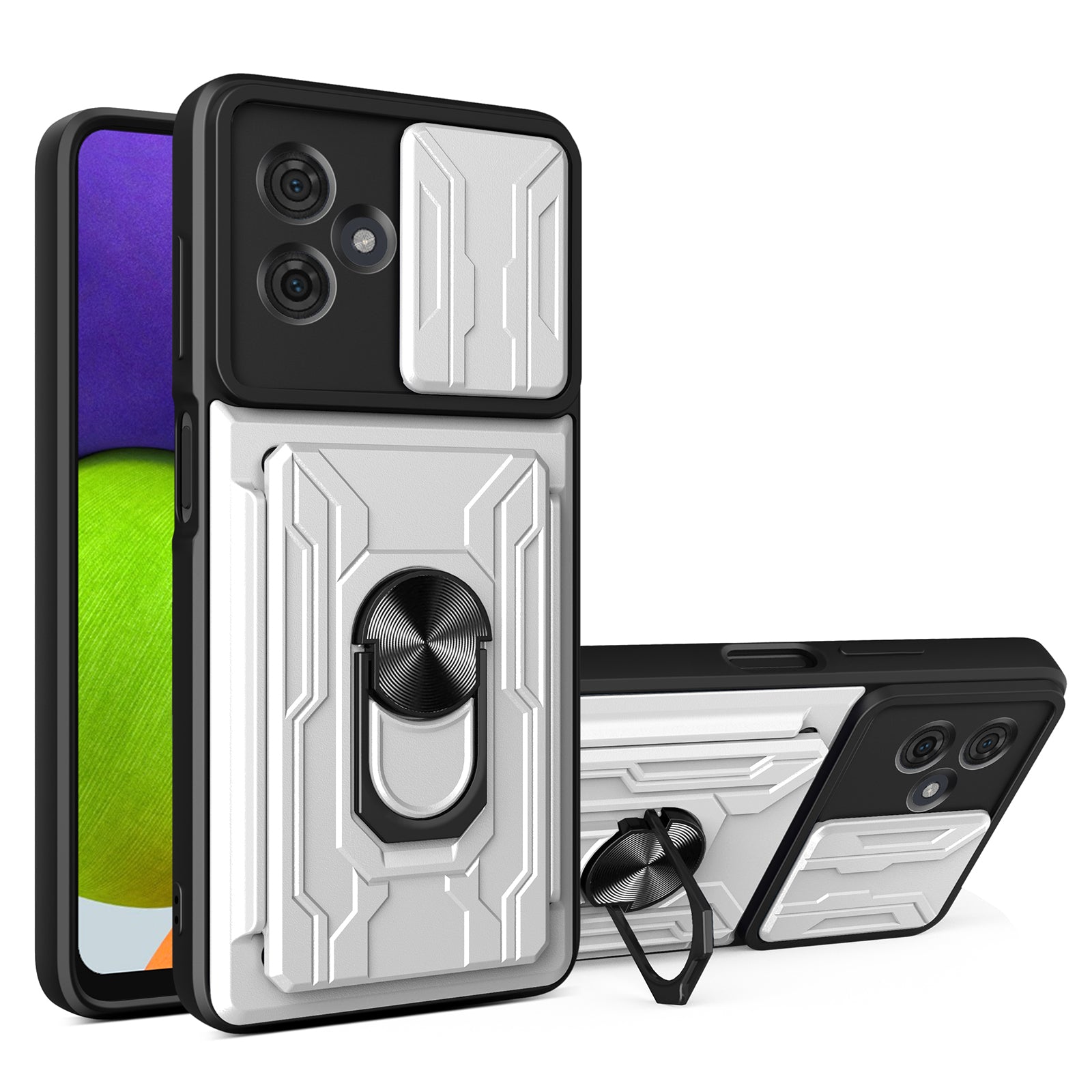 For Motorola Moto G54 5G PC+TPU Case Slim-Fit Slide Lens Protection Kickstand Phone Shell - Titanium Grey