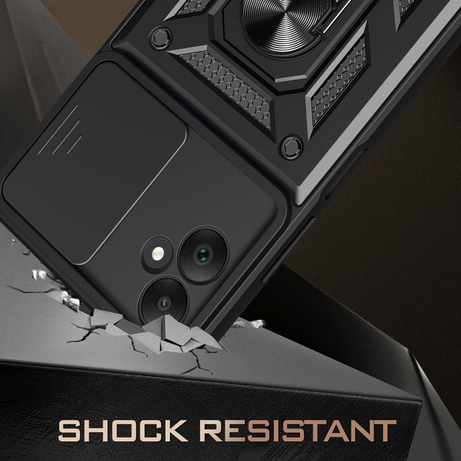 For Samsung Galaxy A05 4G Cell Phone Case Kickstand Cover with Slide Lens Window - Black