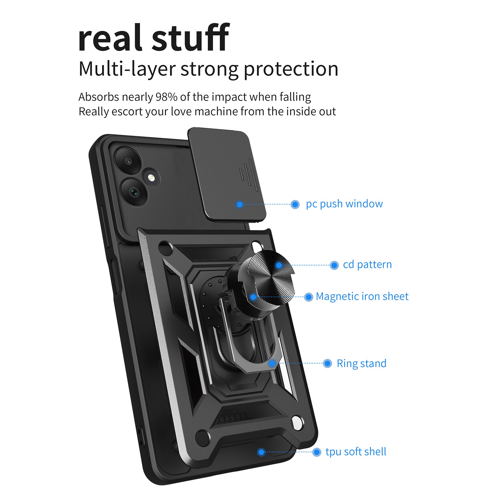 For Samsung Galaxy A05 4G Cell Phone Case Kickstand Cover with Slide Lens Window - Black