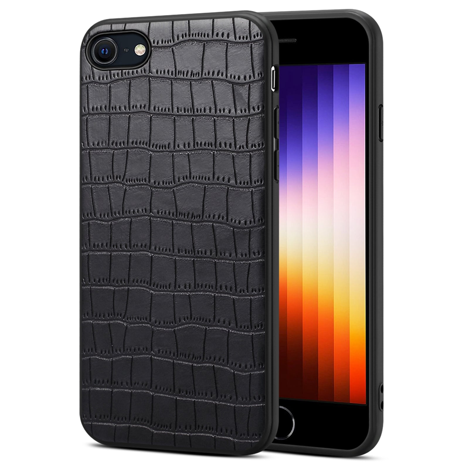 For iPhone 7 / 8 / SE (2020) / SE (2022) Case Crocodile Textured PU Leather+PC+TPU Phone Cover - Black