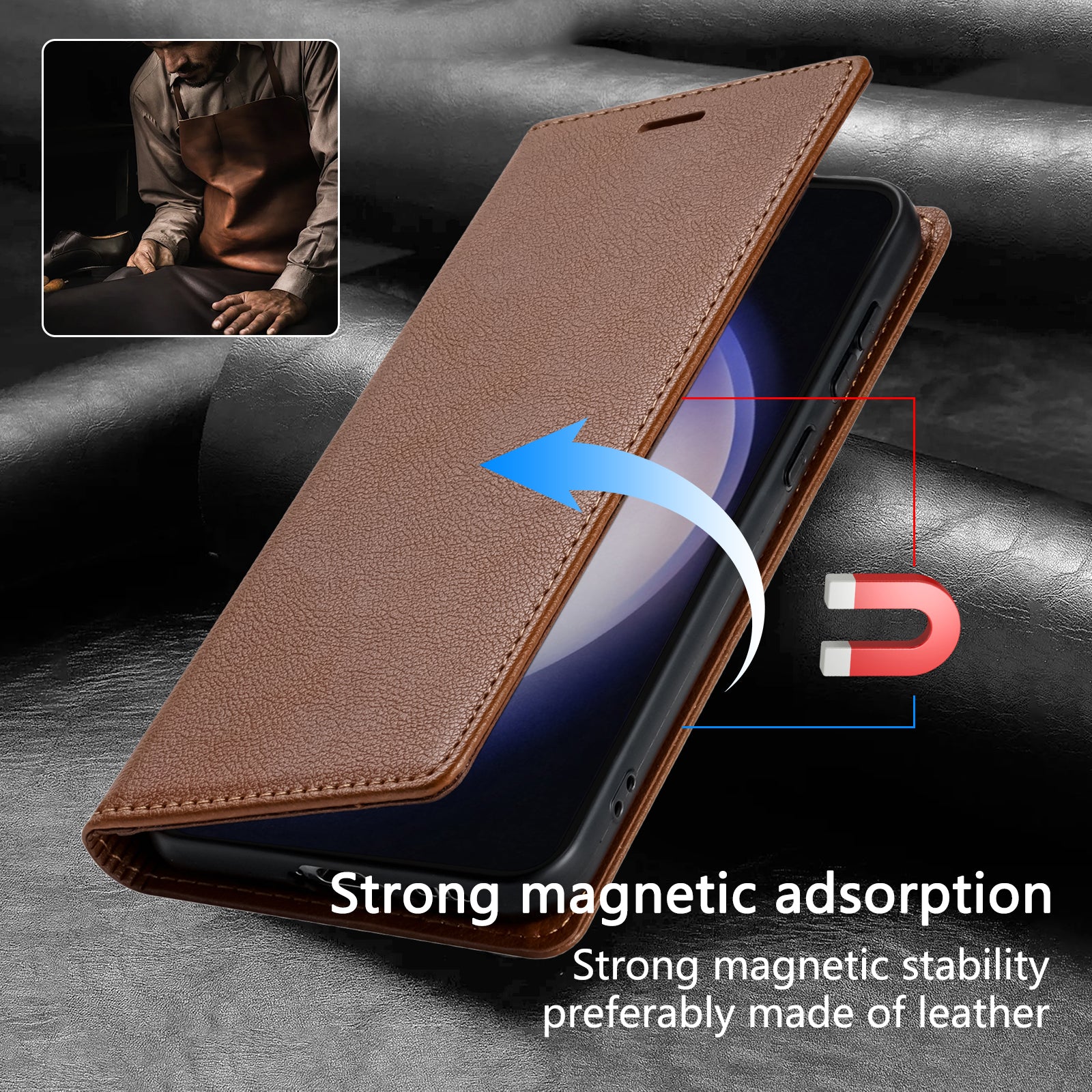 BKS-001 For Samsung Galaxy A55 5G Case Magnetic Shock Absorbing Leather Phone Cover - Brown