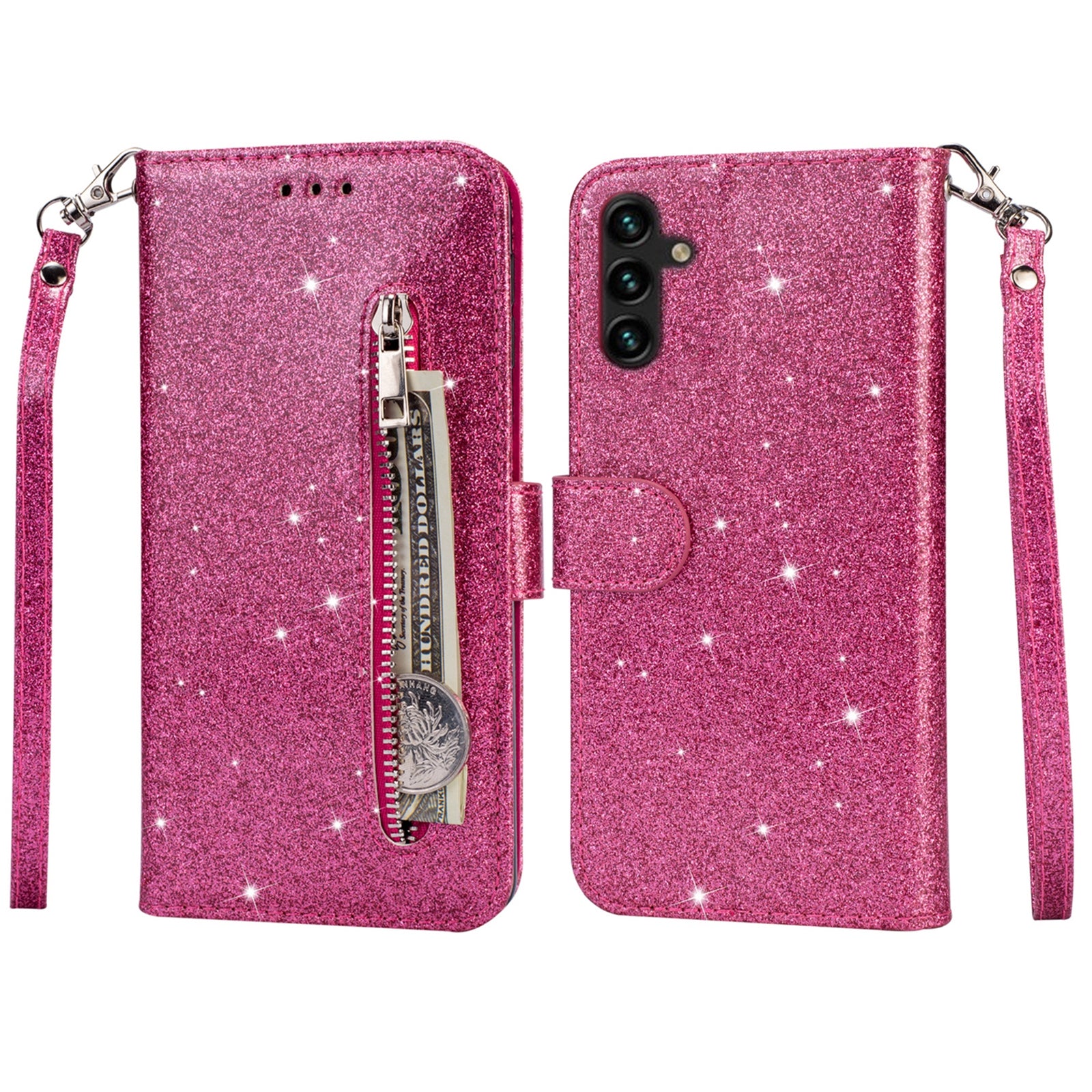For Samsung Galaxy A55 5G Cell Phone Case Zipper Pocket Wallet Glitter Leather Drop-proof Cover - Silver