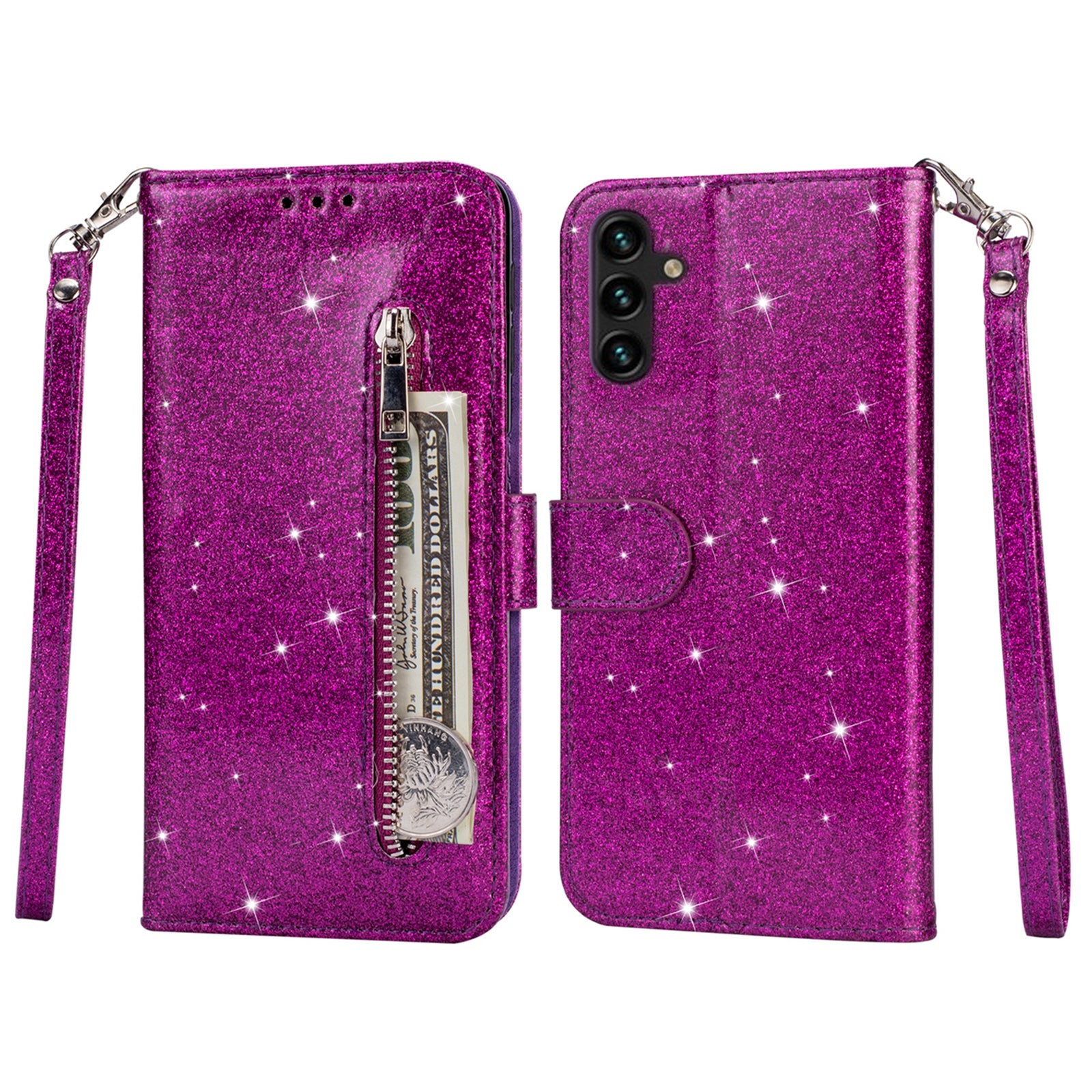 For Samsung Galaxy A55 5G Cell Phone Case Zipper Pocket Wallet Glitter Leather Drop-proof Cover - Silver