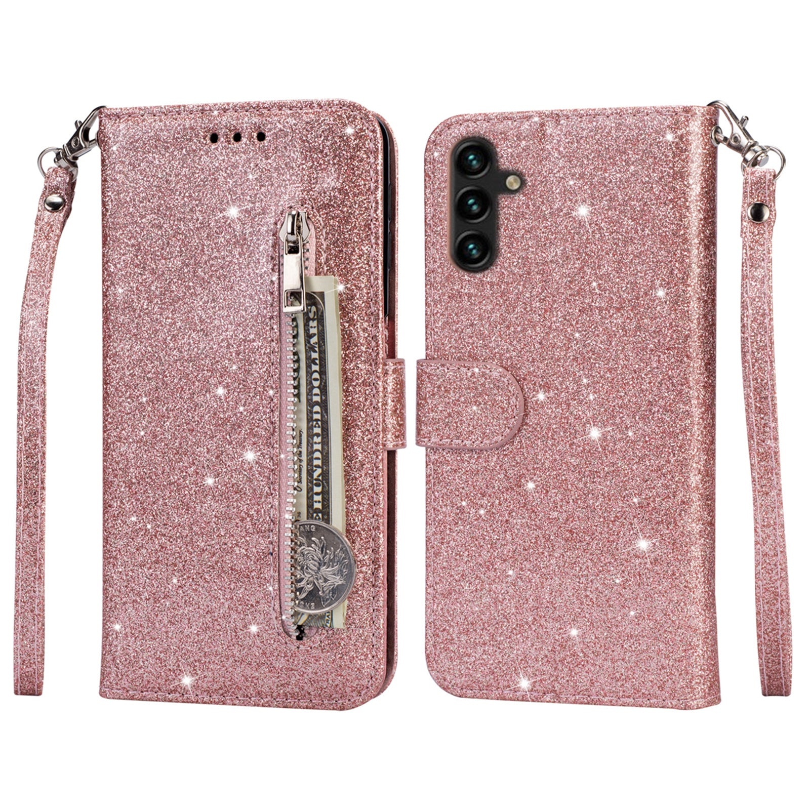 For Samsung Galaxy A55 5G Cell Phone Case Zipper Pocket Wallet Glitter Leather Drop-proof Cover - Silver