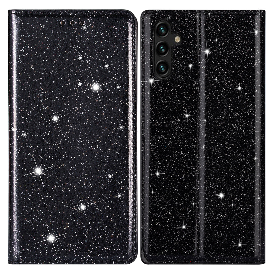 For Samsung Galaxy A55 5G Cell Phone Case Glitter PU Leather Stand Card Slots Cover - Black
