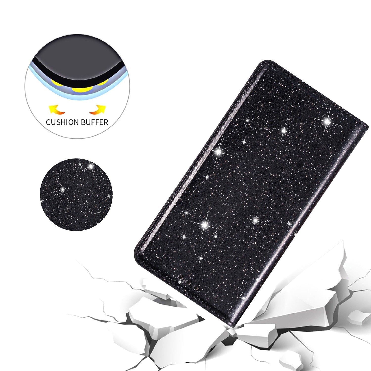 For Samsung Galaxy A55 5G Cell Phone Case Glitter PU Leather Stand Card Slots Cover - Black