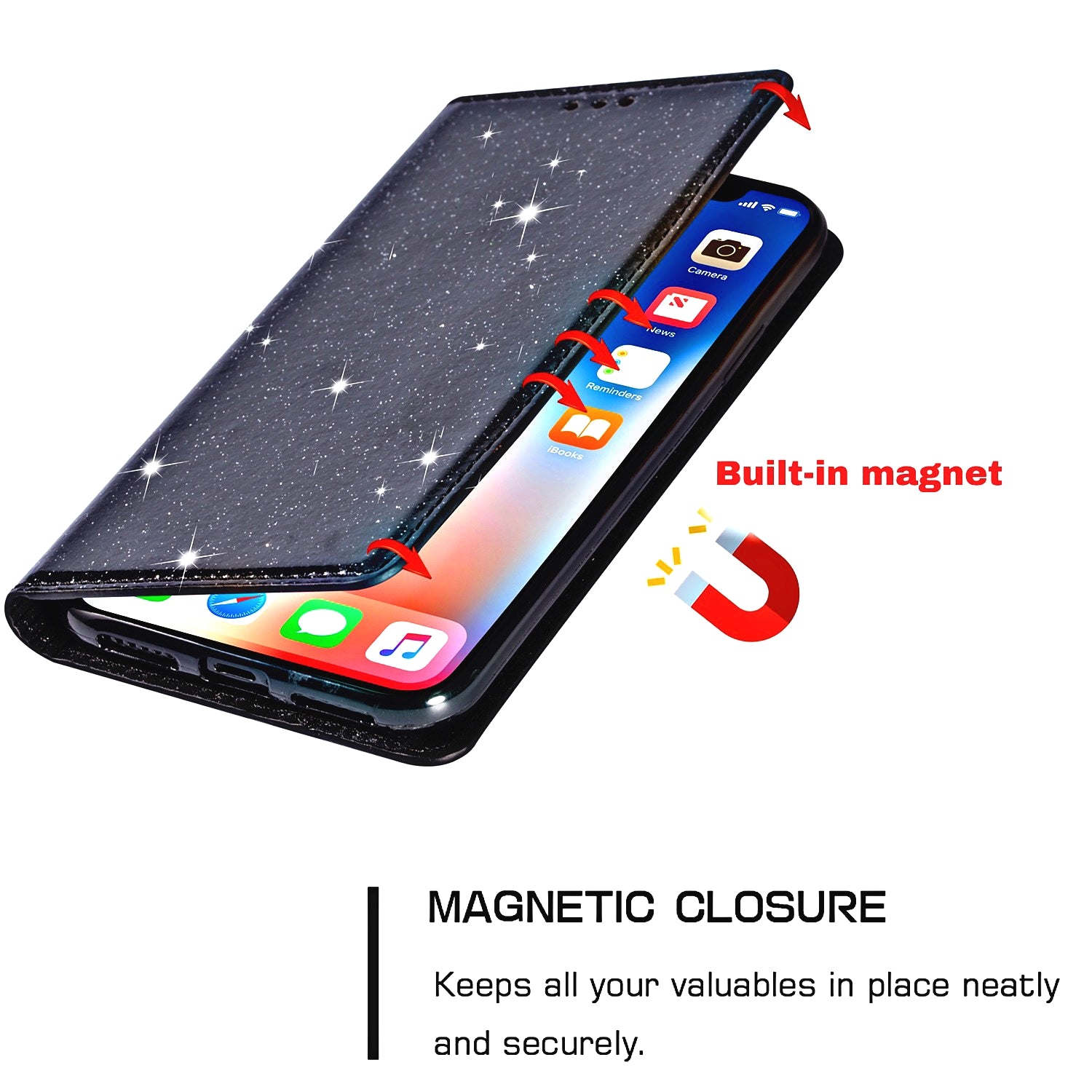 For Samsung Galaxy A55 5G Cell Phone Case Glitter PU Leather Stand Card Slots Cover - Black