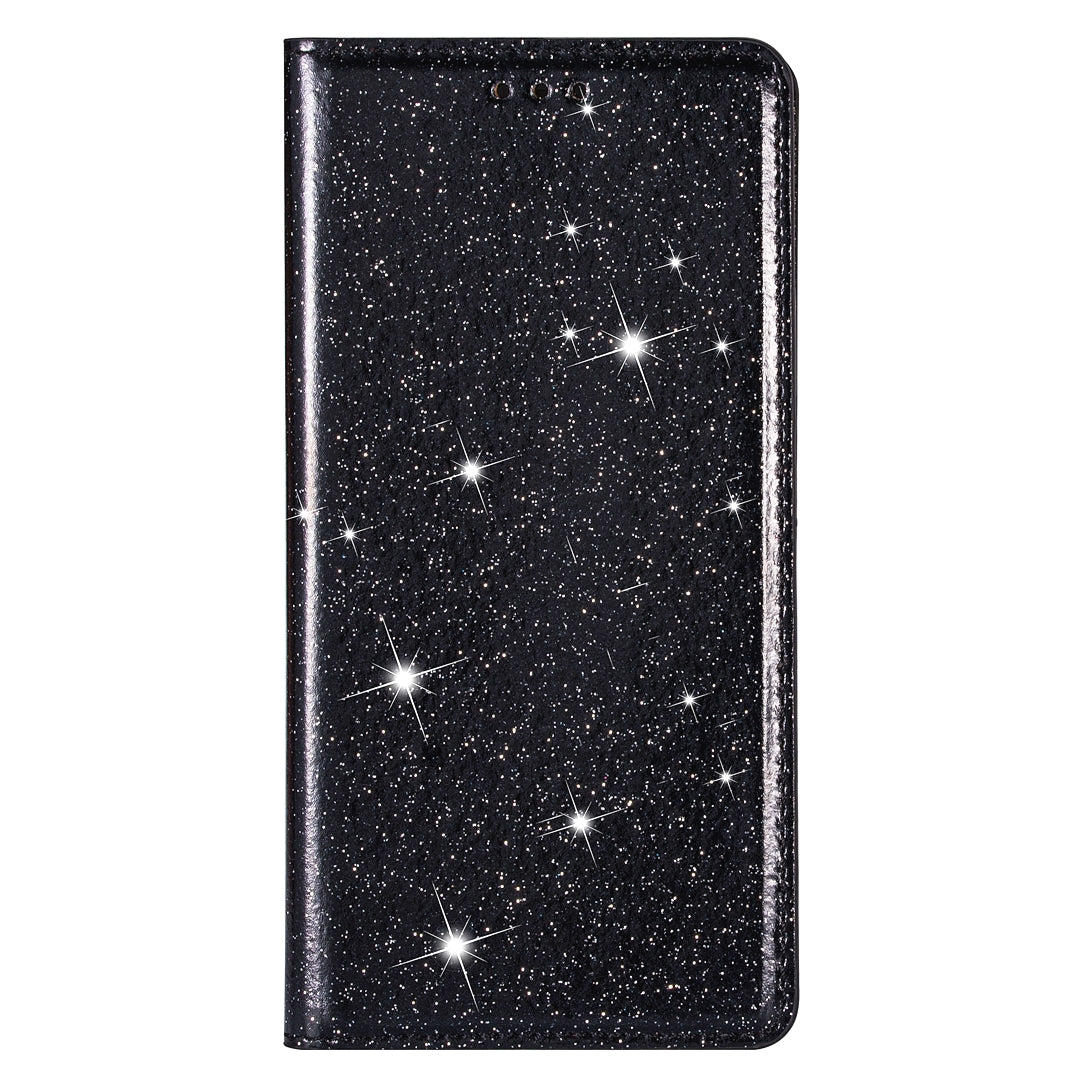 For Samsung Galaxy A55 5G Cell Phone Case Glitter PU Leather Stand Card Slots Cover - Black