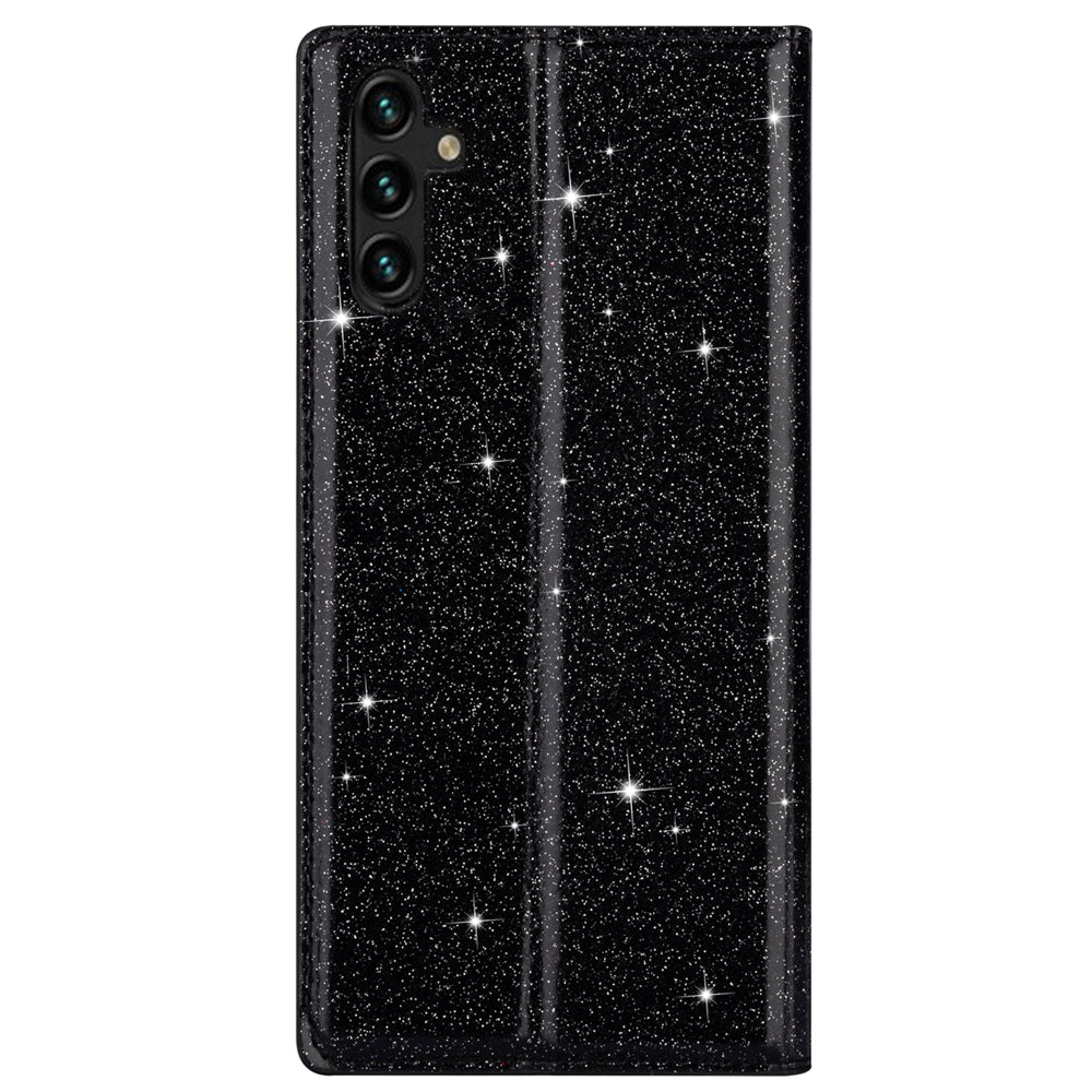 For Samsung Galaxy A55 5G Cell Phone Case Glitter PU Leather Stand Card Slots Cover - Black