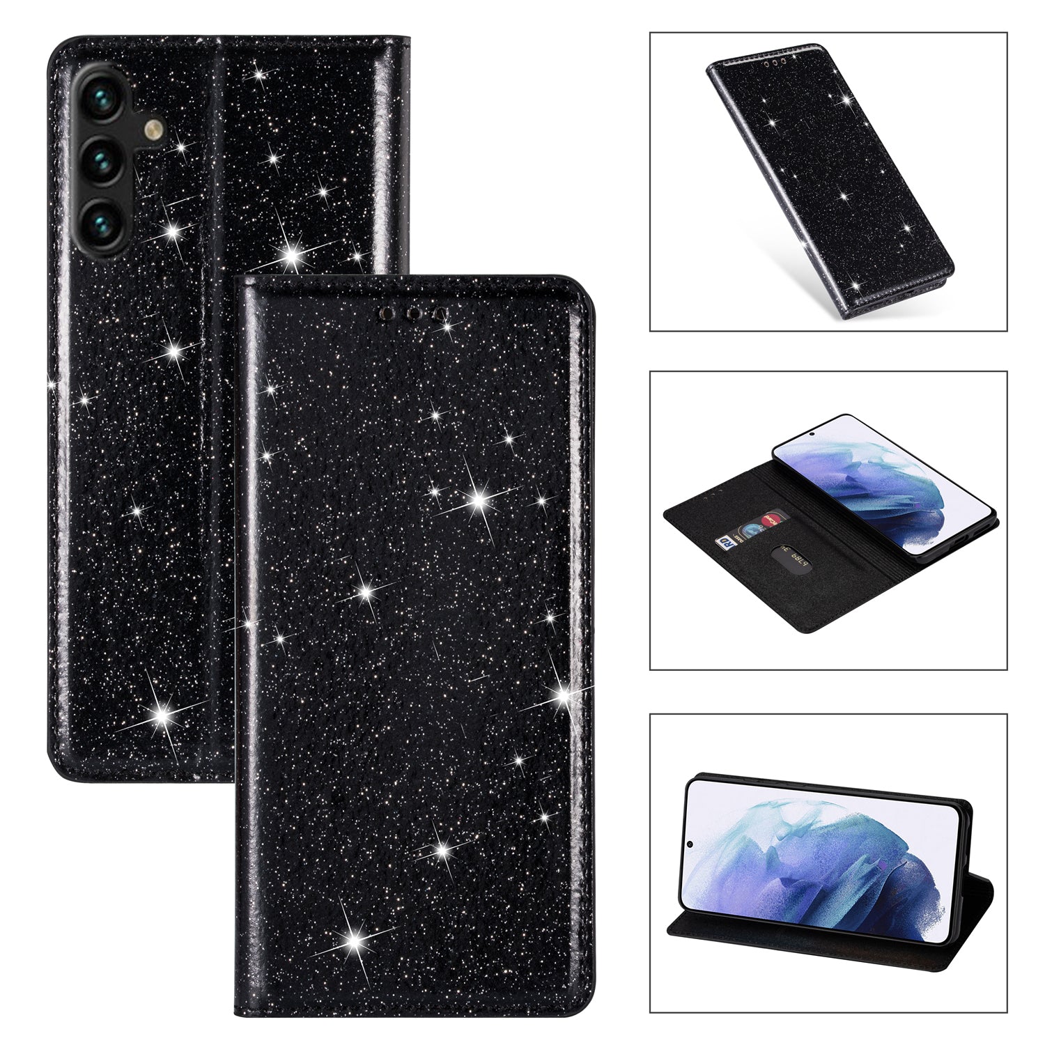 For Samsung Galaxy A55 5G Cell Phone Case Glitter PU Leather Stand Card Slots Cover - Black